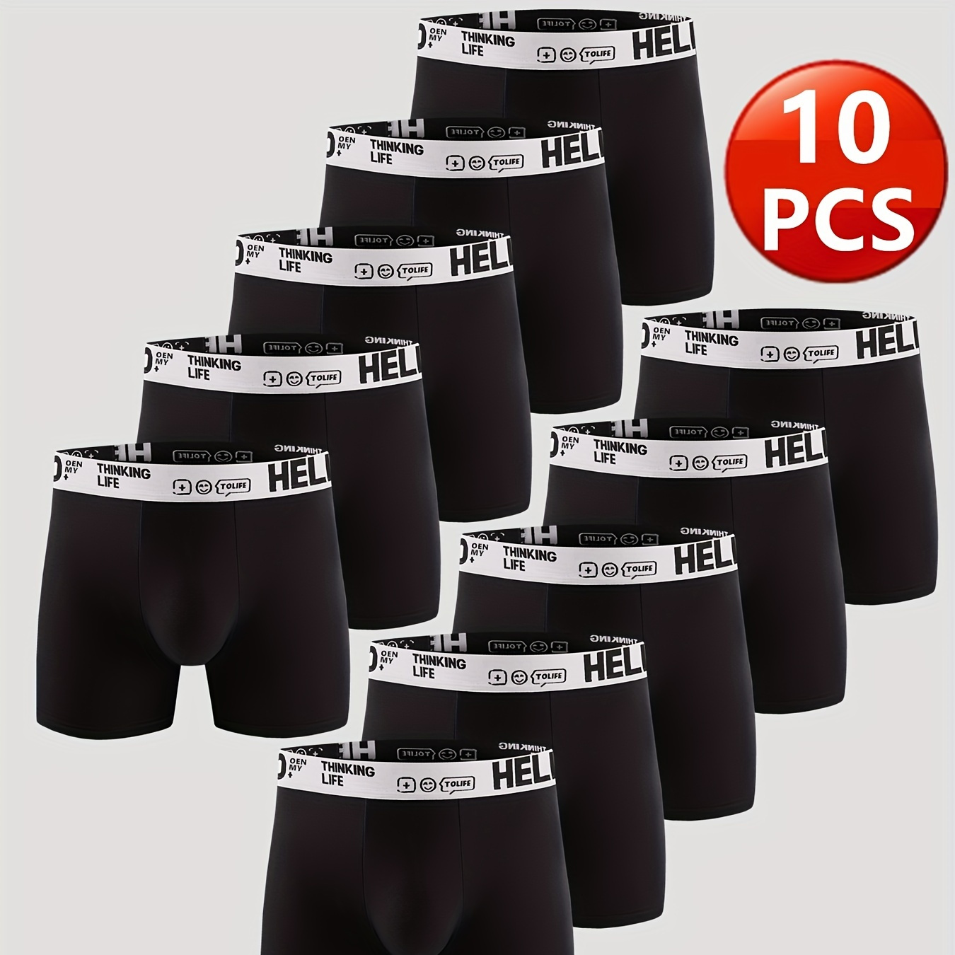 

10pcs Men's Cotton Boxer Briefs, Fashion Hello Letter Elastic Belt Solid Color Breathable Comfy Stretchy Boxer Trunks, Sports Shorts, Men's Casual Underwear