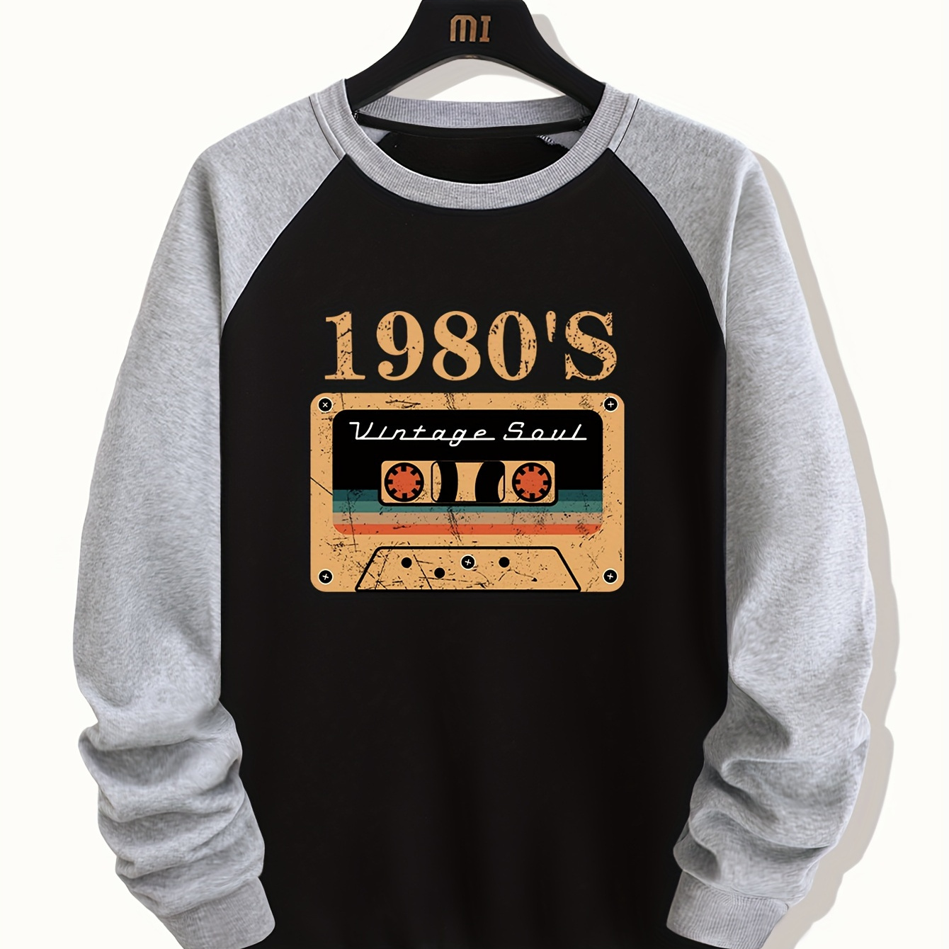 

Plus Size Men's Vintage Tape Graphic Print Raglan Sweatshirt For Spring Fall Winter, Men's Clothing