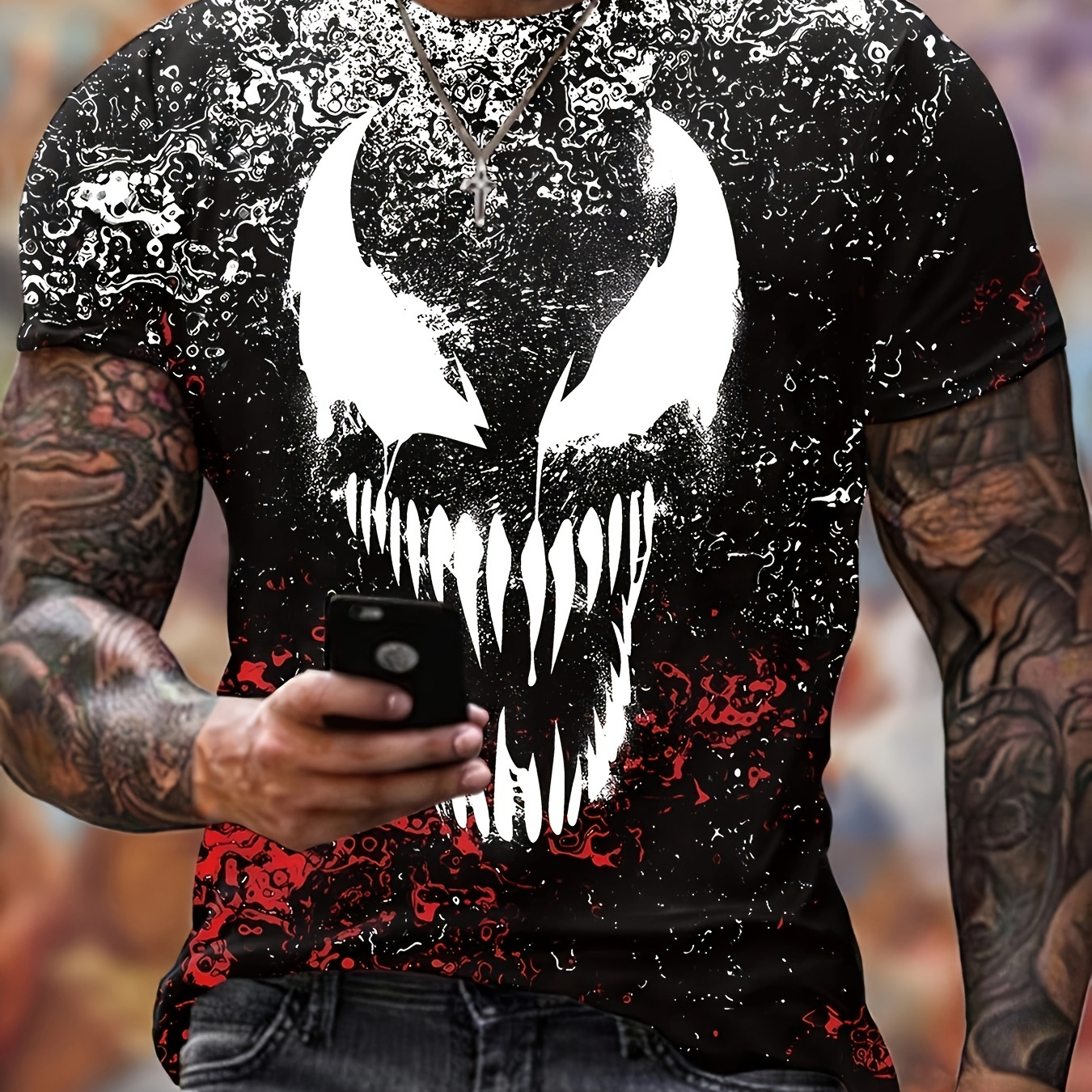 

Devil Pattern T-shirt, Men's Casual Street Style Stretch Round Neck Tee Shirt For Summer