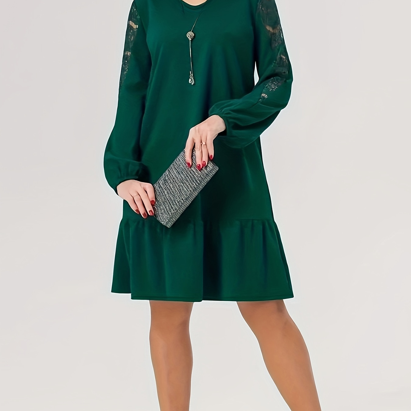 

Robe midi à manches longues, en mélange de polyester, de couleur unie, avec col mandarin et tissu tissé, avec des détails en dentelle contrastée, pour toutes les .