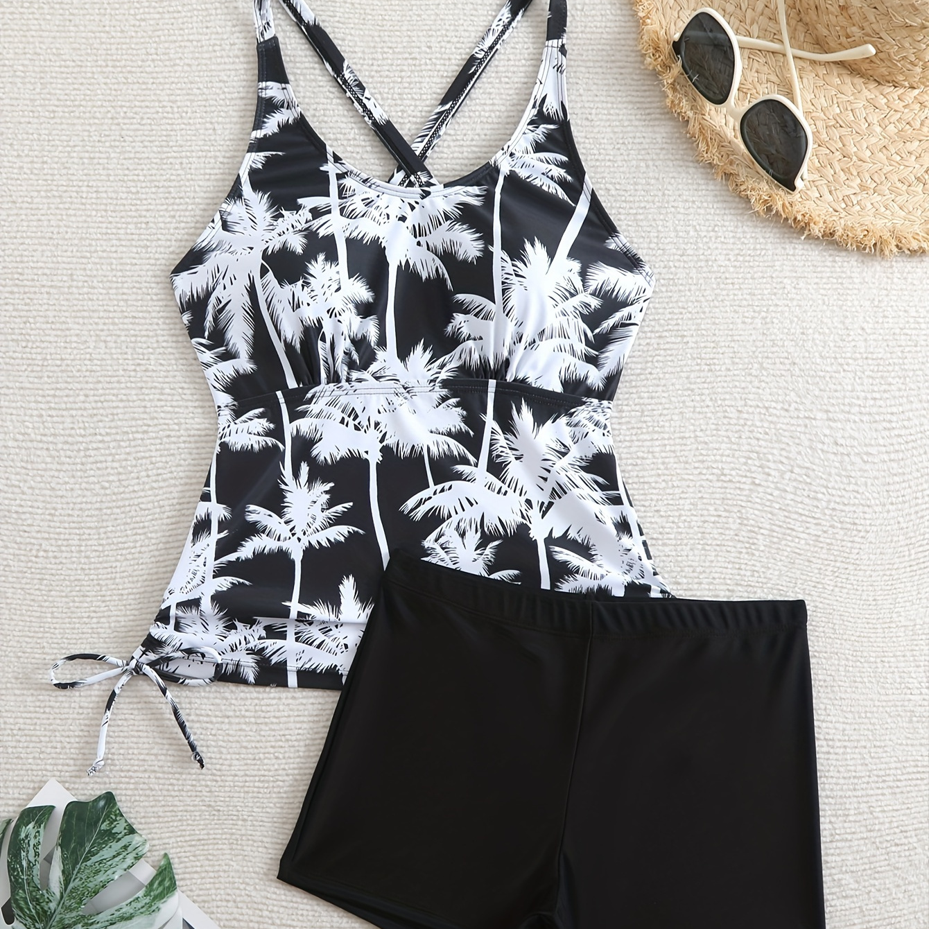 

Coconut Trees Print 2 Piece Set Tankini, Criss Cross Straps Boxer Short Bottom Swimsuits, Women's Swimwear & Clothing