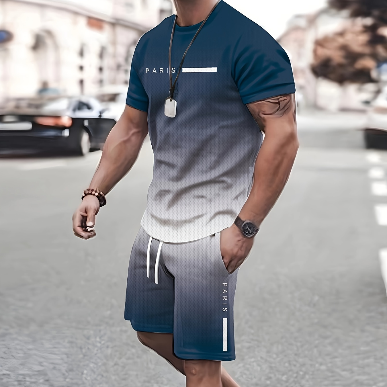 

Men's Casual Co Ord Set Of Gradient Color And "paris" Print Outfits, Crew Neck And Short Sleeve T-shirt And Shorts, Casual And Comfy Set For Summer Daily Outerwear