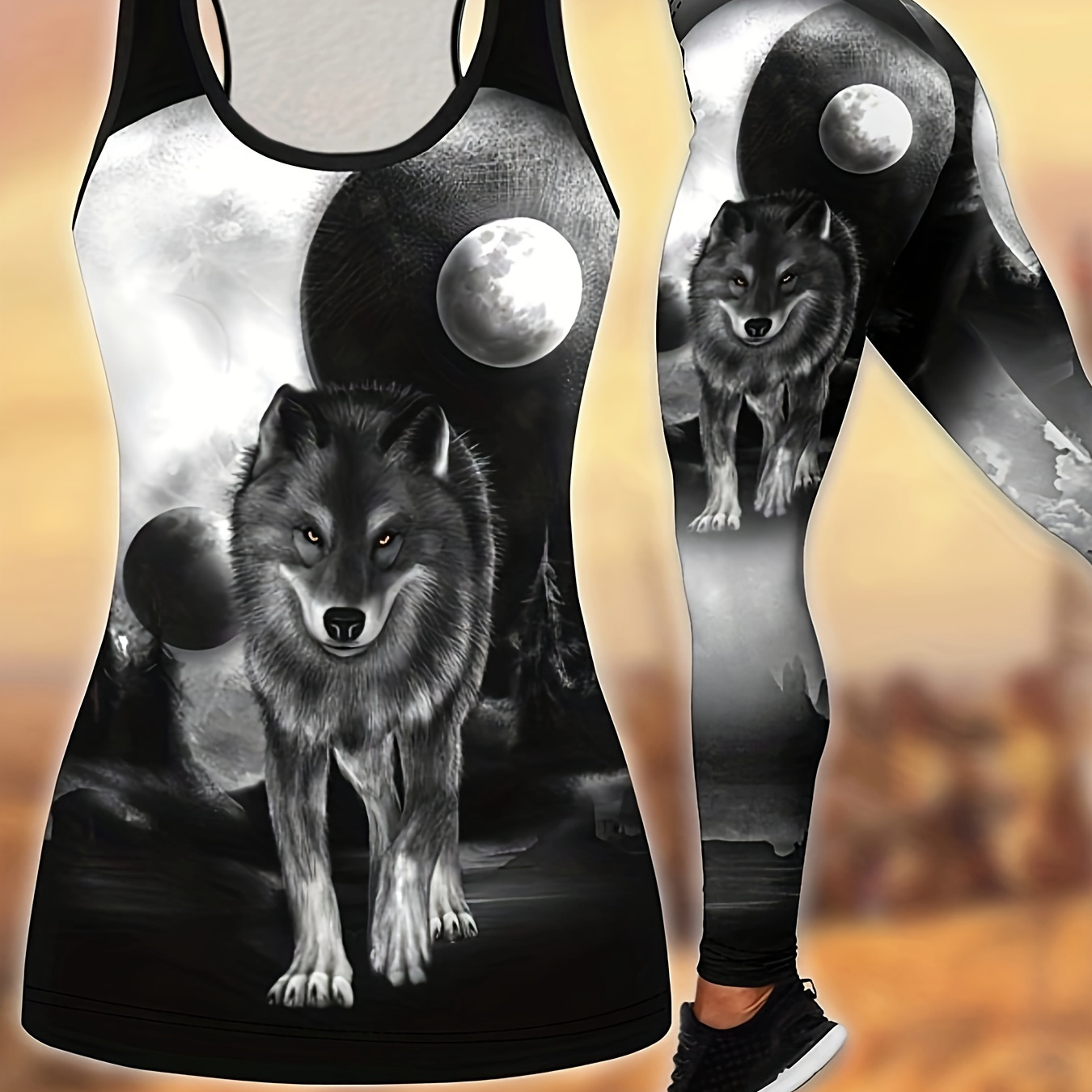 

2pcs Women's Casual Fitness Polyester Tracksuit, Wolf Print, Crew Neck Tank Top & Leggings Set, Loose Fabric, Animal Pattern Activewear For All