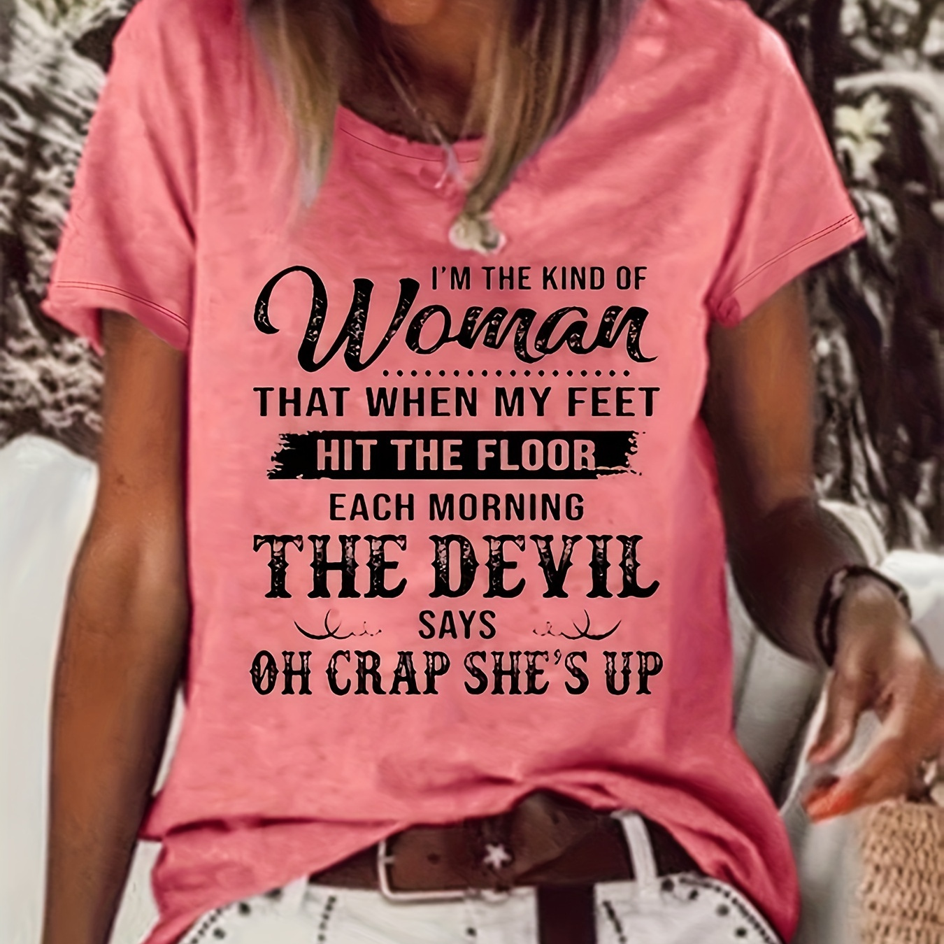 

Plus Size Casual T-shirt, Women's Plus Slogan Print Short Sleeve Round Neck Medium Stretch T-shirt