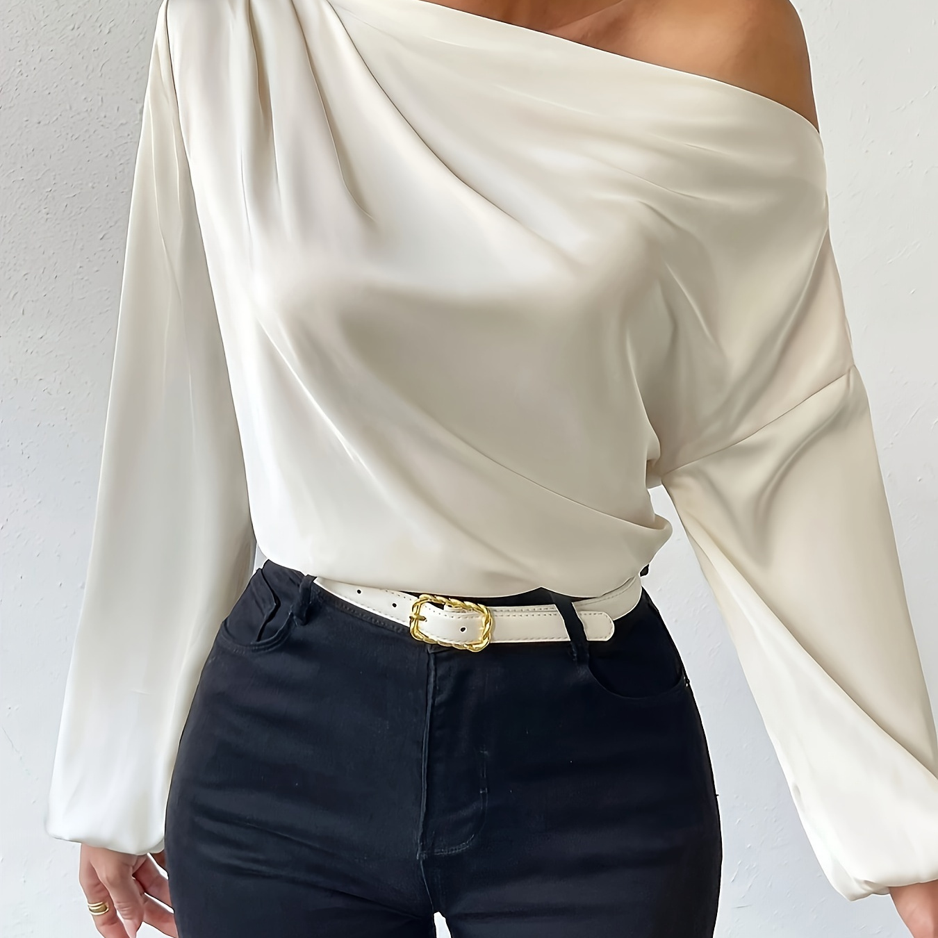 

One-shoulder Solid Color Tucked Blouse, Elegant Long Sleeve Top For Spring & Fall, Women's Clothing