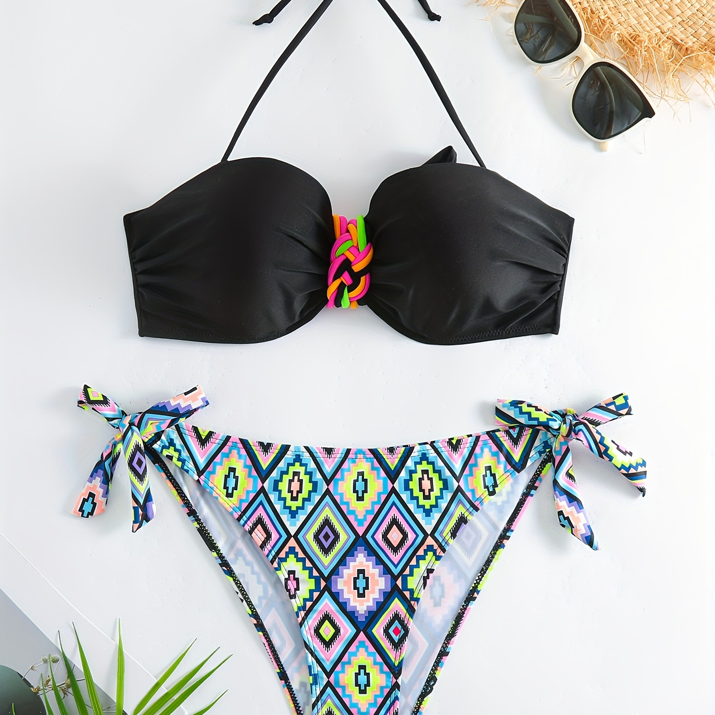

Braided Ruched Geometric Print 2 Piece Bikini, Tie Side Halter Tie Neck Stretchy Bathing Suit, Women's Swimwear & Clothing
