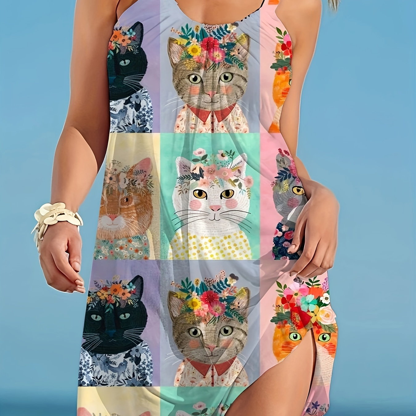

Robe débardeur mignonne à imprimé chats grande taille, robe sans manches de style vacances pour le printemps et l'été, vêtements grande taille pour femmes