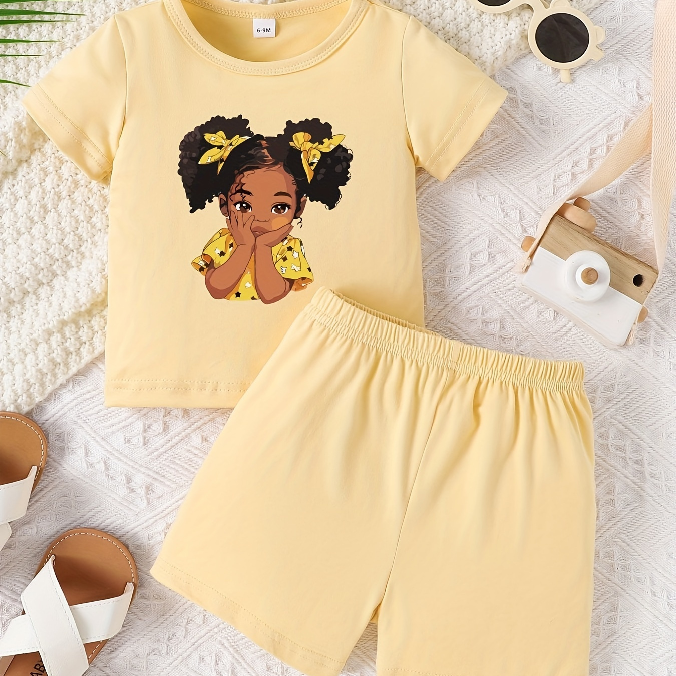 

Baby's Cartoon Girl Portrait Print 2pcs Summer Outfit, T-shirt & Shorts Set, Toddler & Infant Girl's Clothes For Daily/holiday/party