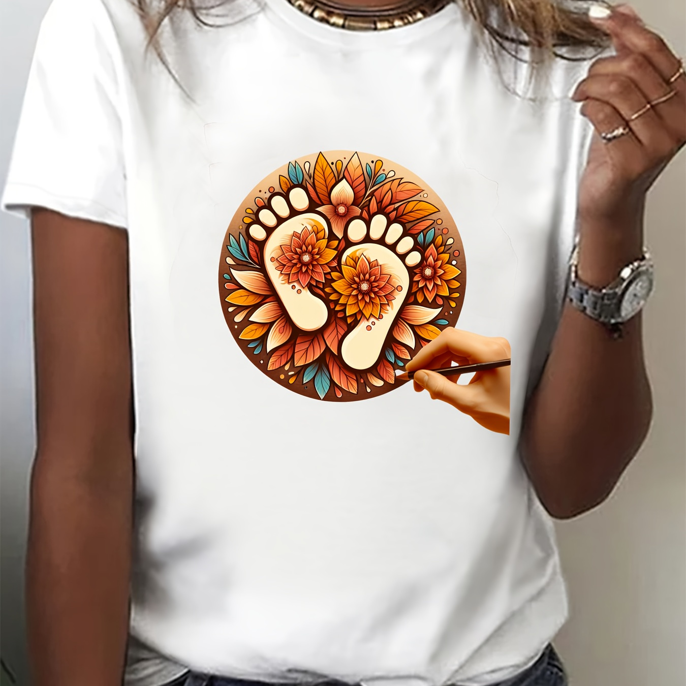 

Floral Feet Print T-shirt, Casual Short Sleeve Crew Neck Top For Spring & Summer, Women's Clothing