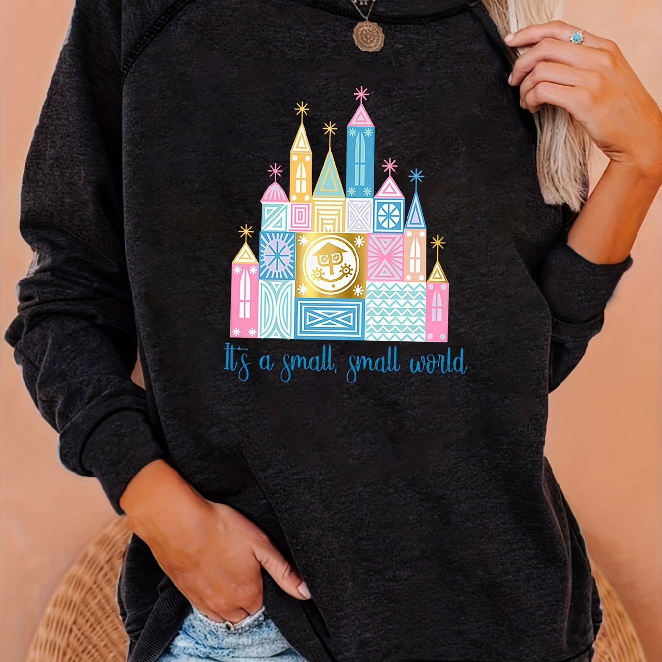 

Castle Print Sweatshirt, Long Sleeve Crew Neck Casual Sweatshirt For Fall & Spring, Women's Clothing