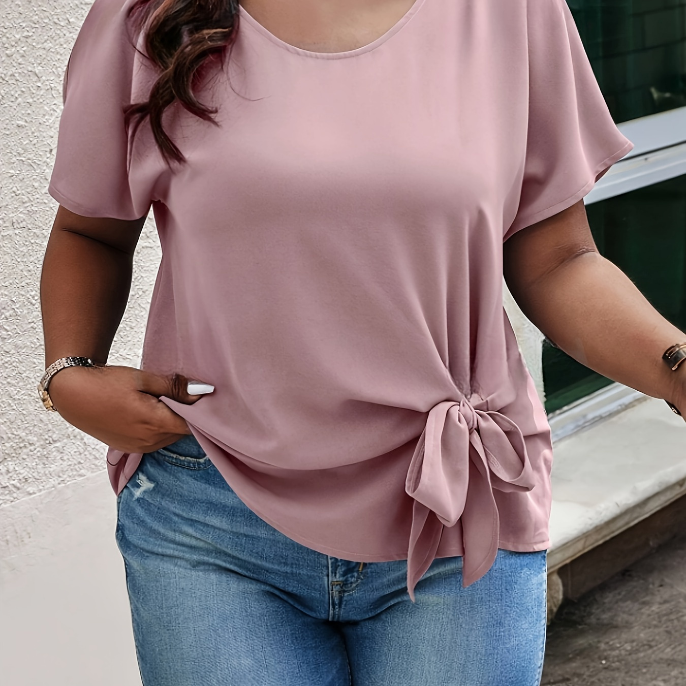 

Plus Size Knot Front Solid Blouse, Casual Crew Neck Short Sleeve Blouse, Women's Plus Size clothing