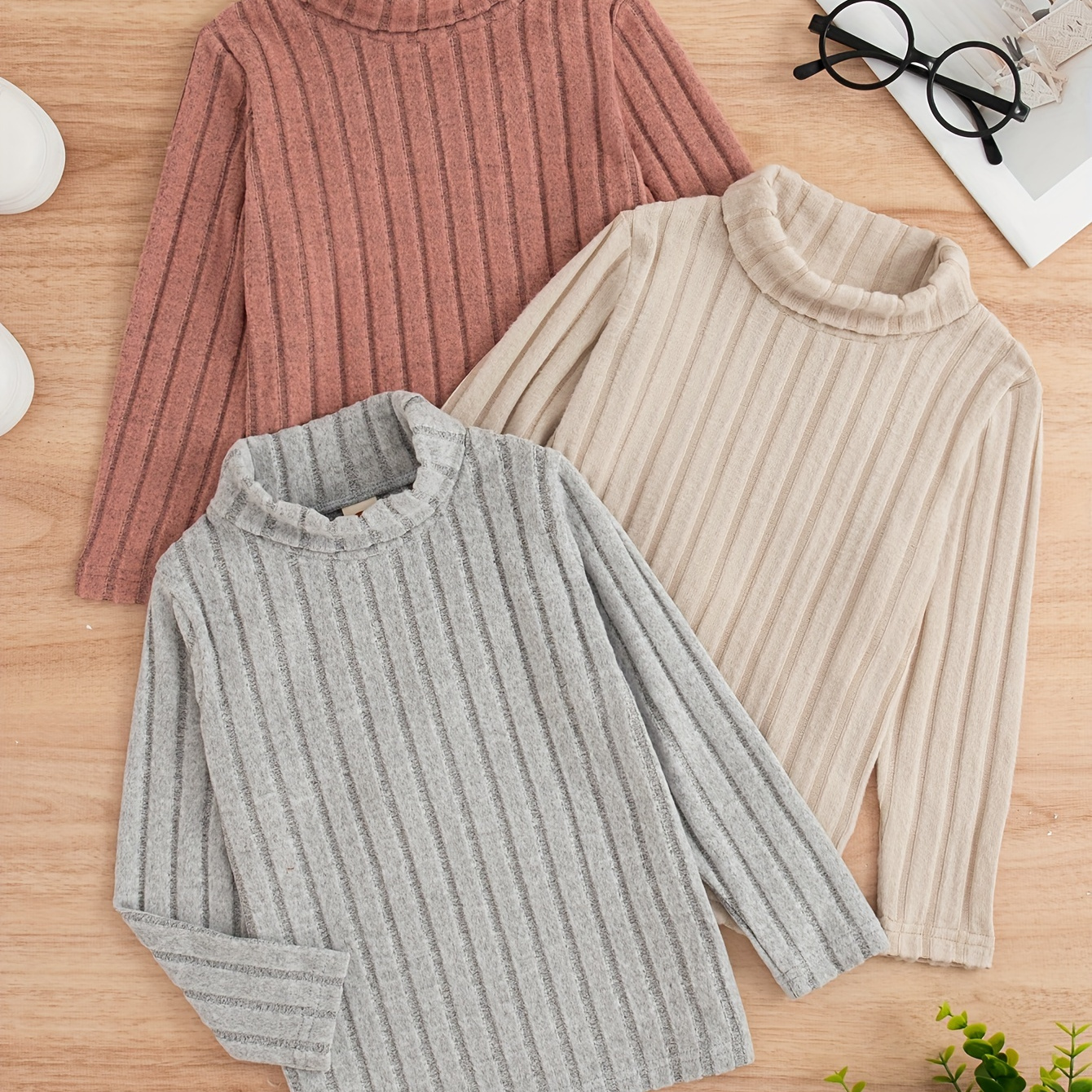 

Girls 3pcs/set Long Sleeve Comfy & Casual Solid Colored Turtle Neck Ribbed T-shirts For Spring & Fall & Winter