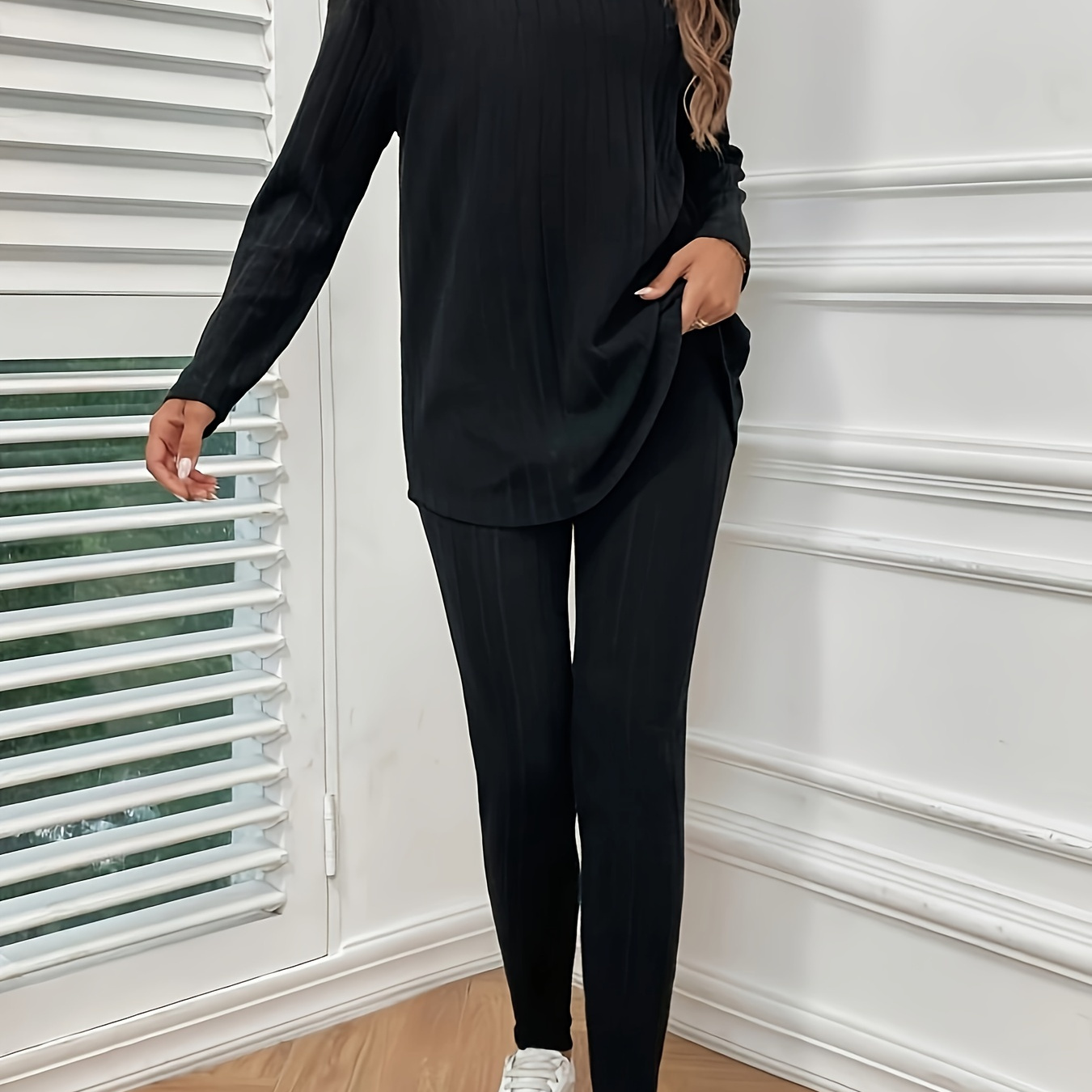 

Ensemble Pantalon Pièces Uni Décontracté, T-shirt À Manches Longues À Col Rond Et Pantalon Slim Taille Haute, Vêtements Pour Femmes