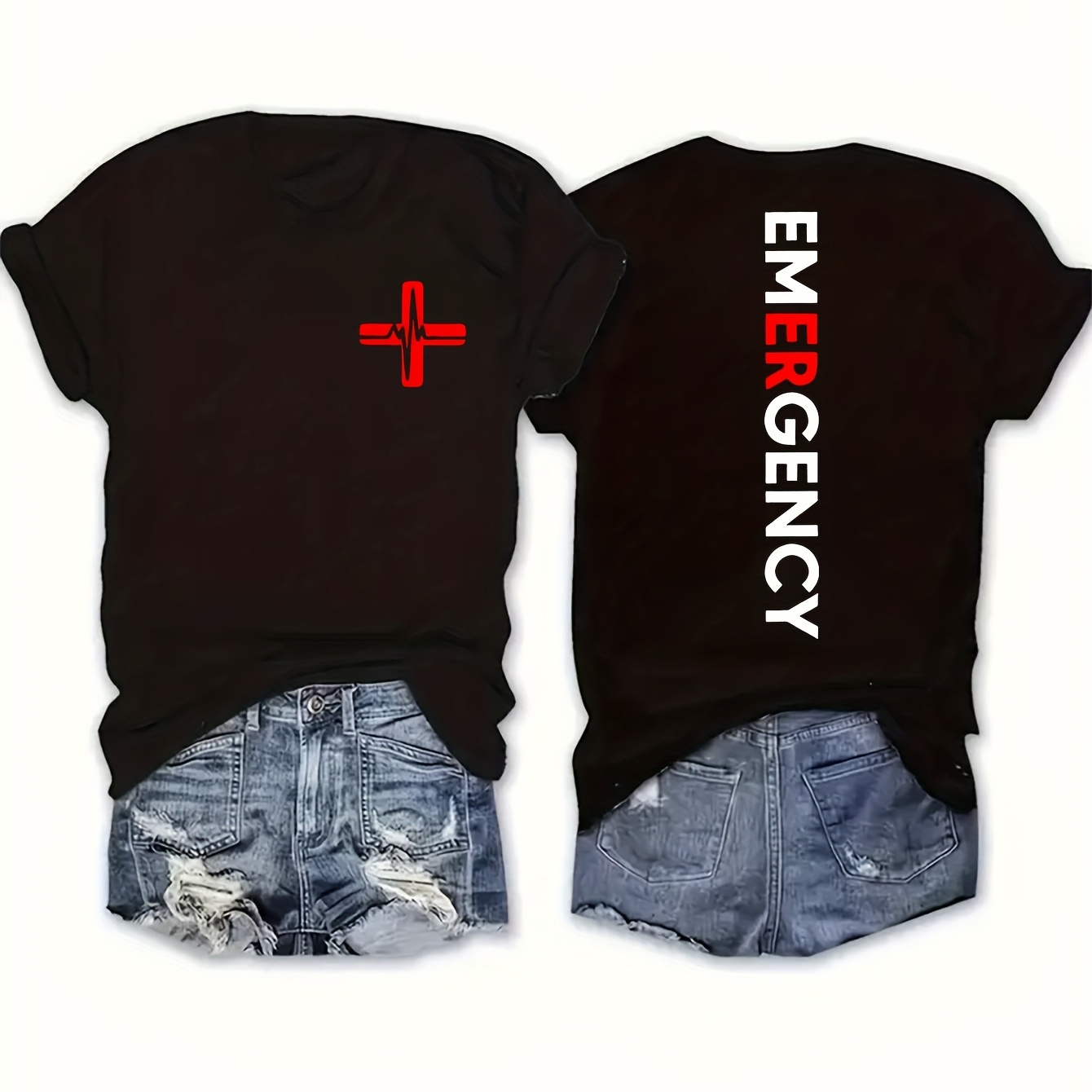 

Emergency Letter Print T-shirt, Short Sleeve Crew Neck Casual Top For Summer & Spring, Women's Clothing
