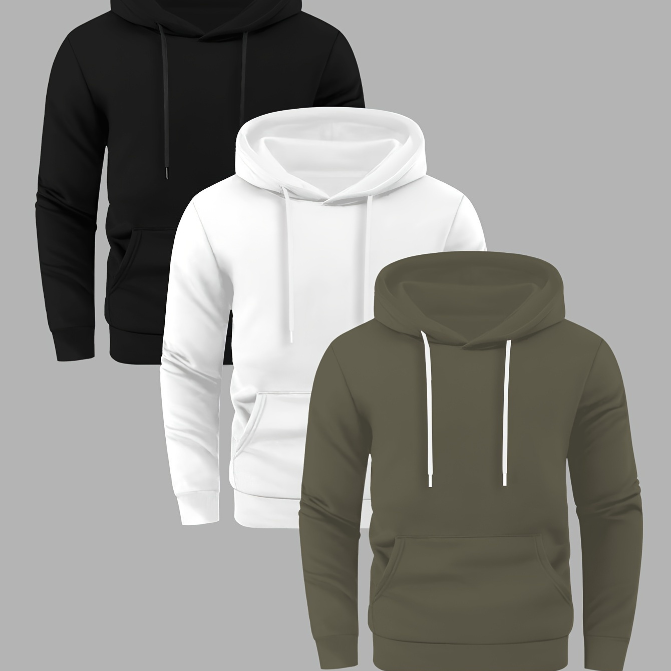 

3pcs Men' Solid Color Casual Hoodies, Polyester Knit Fabric, Hooded, Stretch, Loose Fit, For Fall/winter