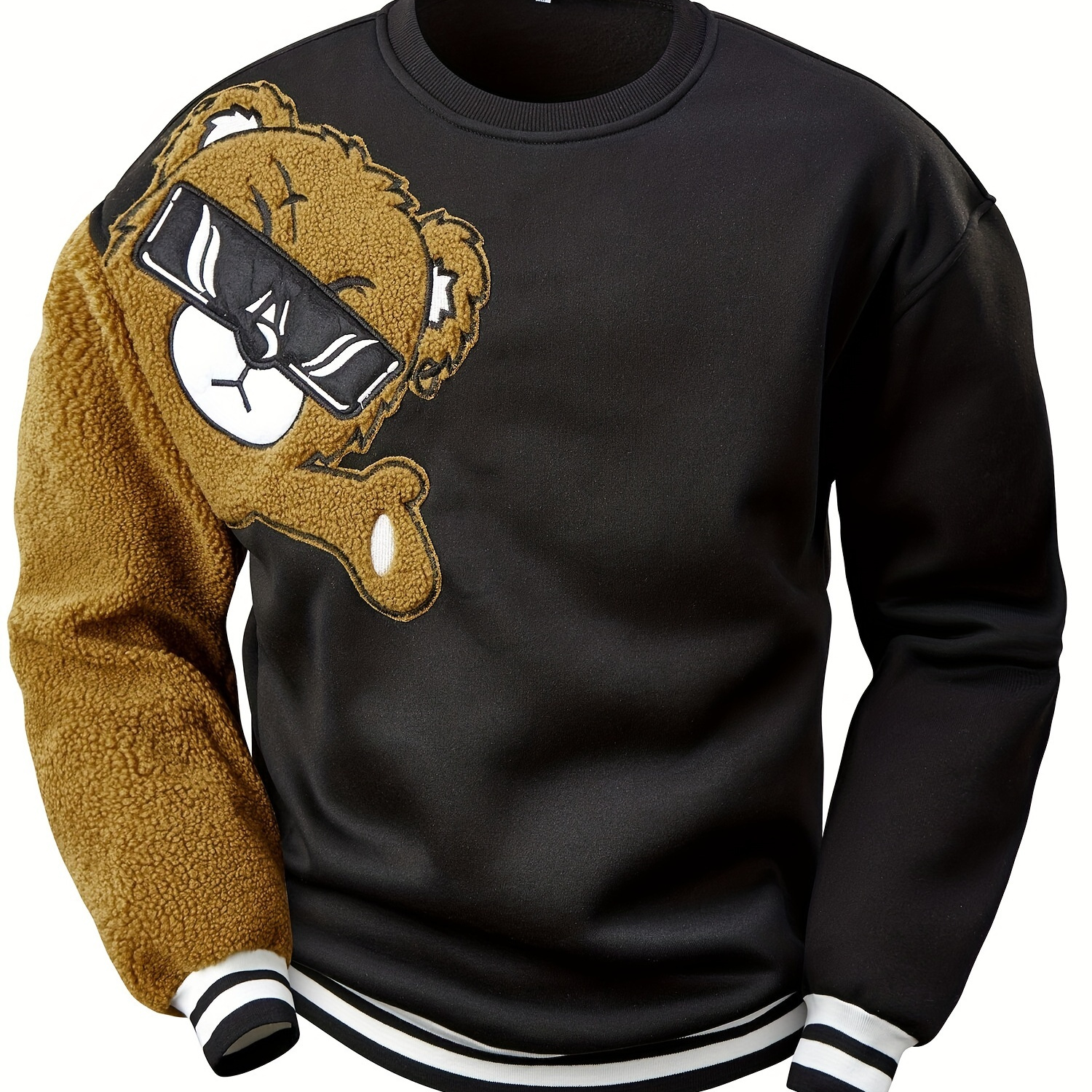 Men's Cartoon Bear Embroidery Crew Neck Sweatshirt, Loose Fit Sports Tops