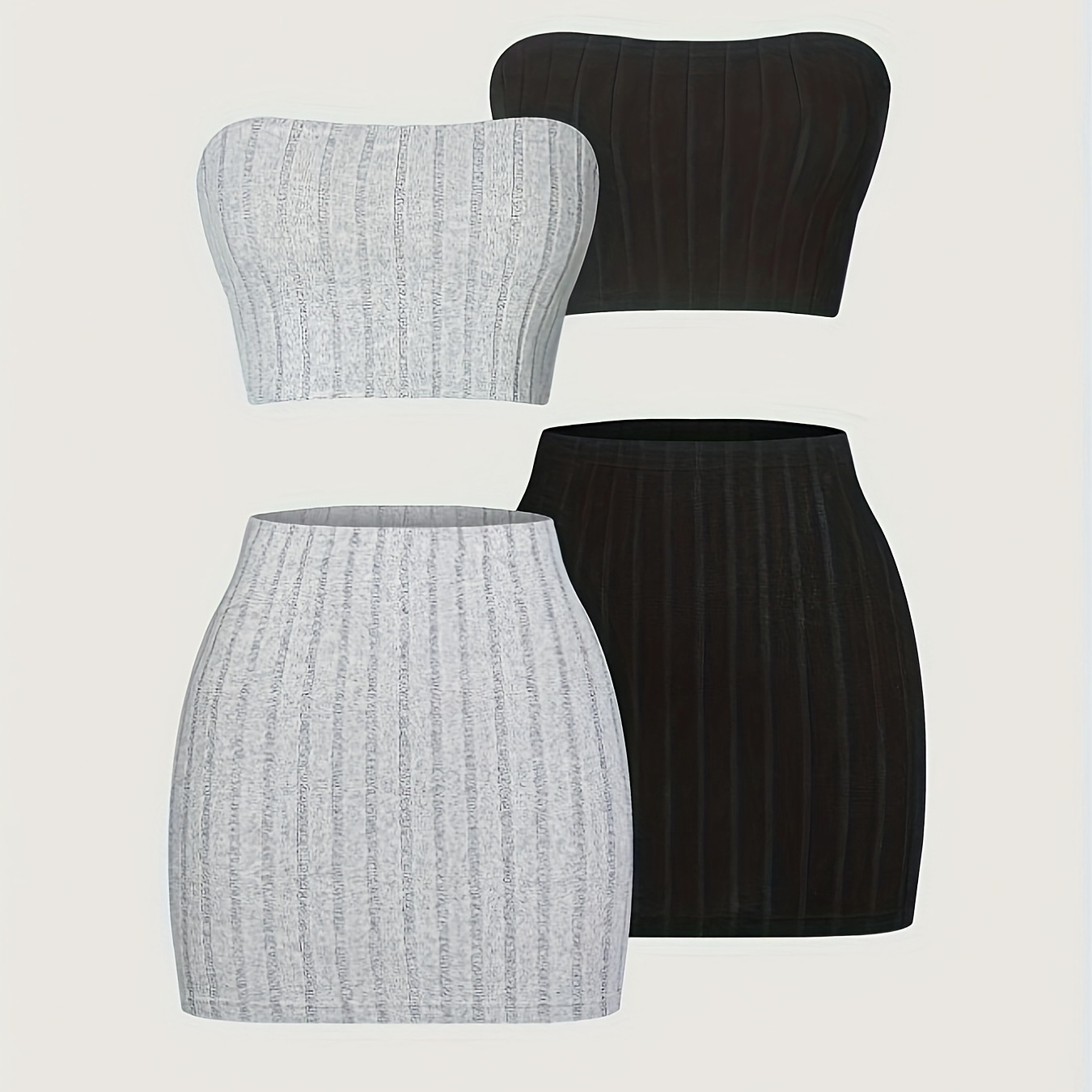 

Sexy Slim Ribbed Skirt Set 4 Pcs, Crop Tube Top & Bodycon Mini Skirt Outfits, Women's Clothing