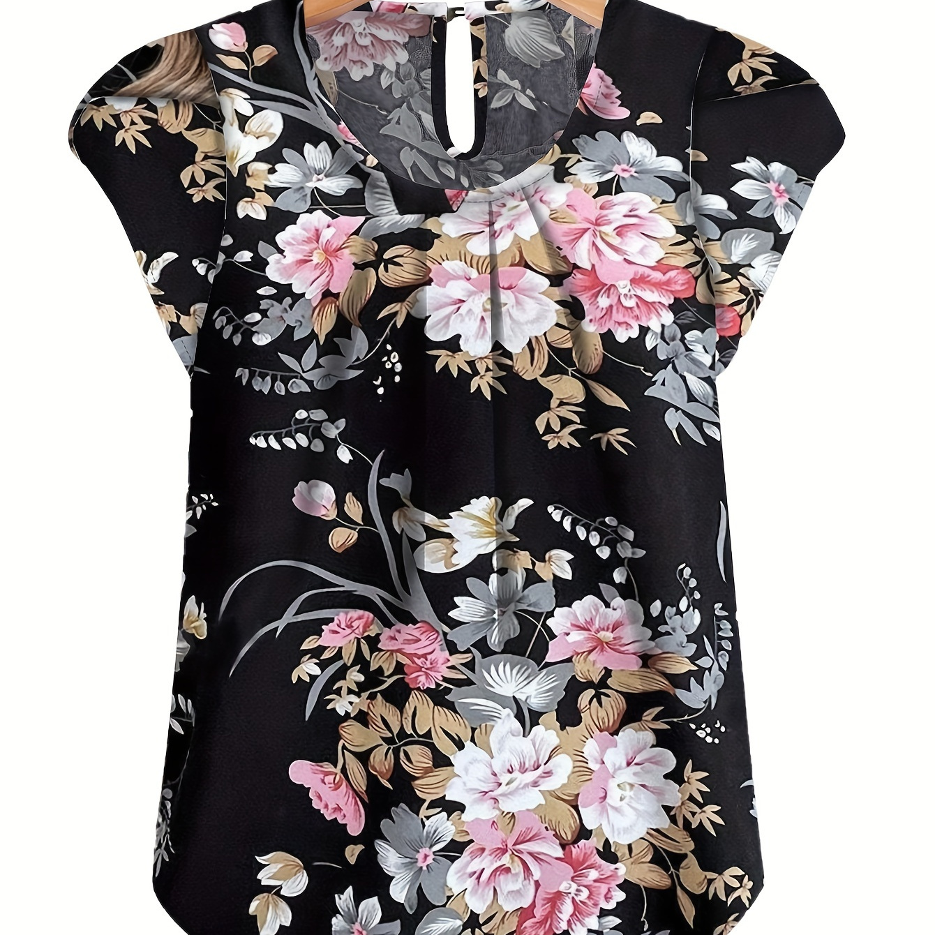 

Plus Size Floral Print Blouse, Casual Ruched Crew Neck Cap Sleeve Blouse For Summer, Women's Plus Size clothing