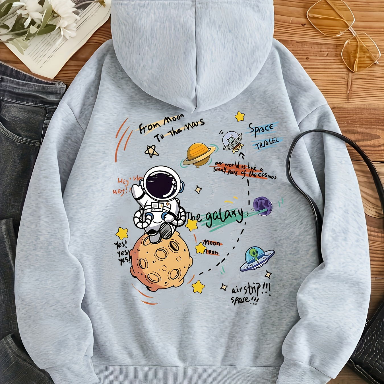 

Astronaut Print Kangaroo Pocket Hoodie, Drawstring Casual Hooded Sweatshirt For Winter & Fall, Women's Clothing