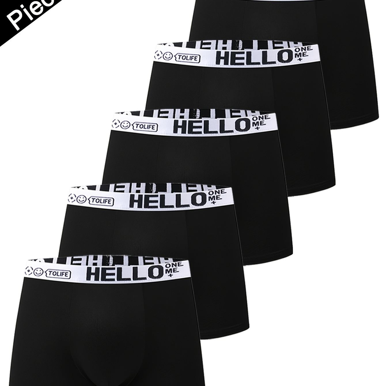 

5pcs 'hello' Men's Boxer Briefs - Sleek Black, Breathable & Quick- Trunks With High Stretch, Comfortable Polyester-spandex , Non-transparent, Knit Fabric, Ideal For Casual Wear, Underwear