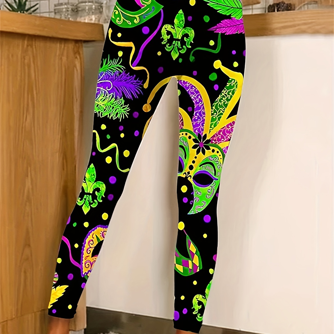 Mardi Gras Print Skinny Leggings Casual High Waist Stretchy - Temu