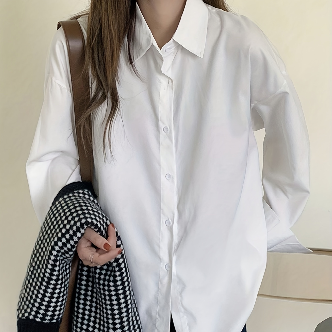 Solid Stand Collar V Neck Blouse Casual Sleeve Comfy - Temu Poland