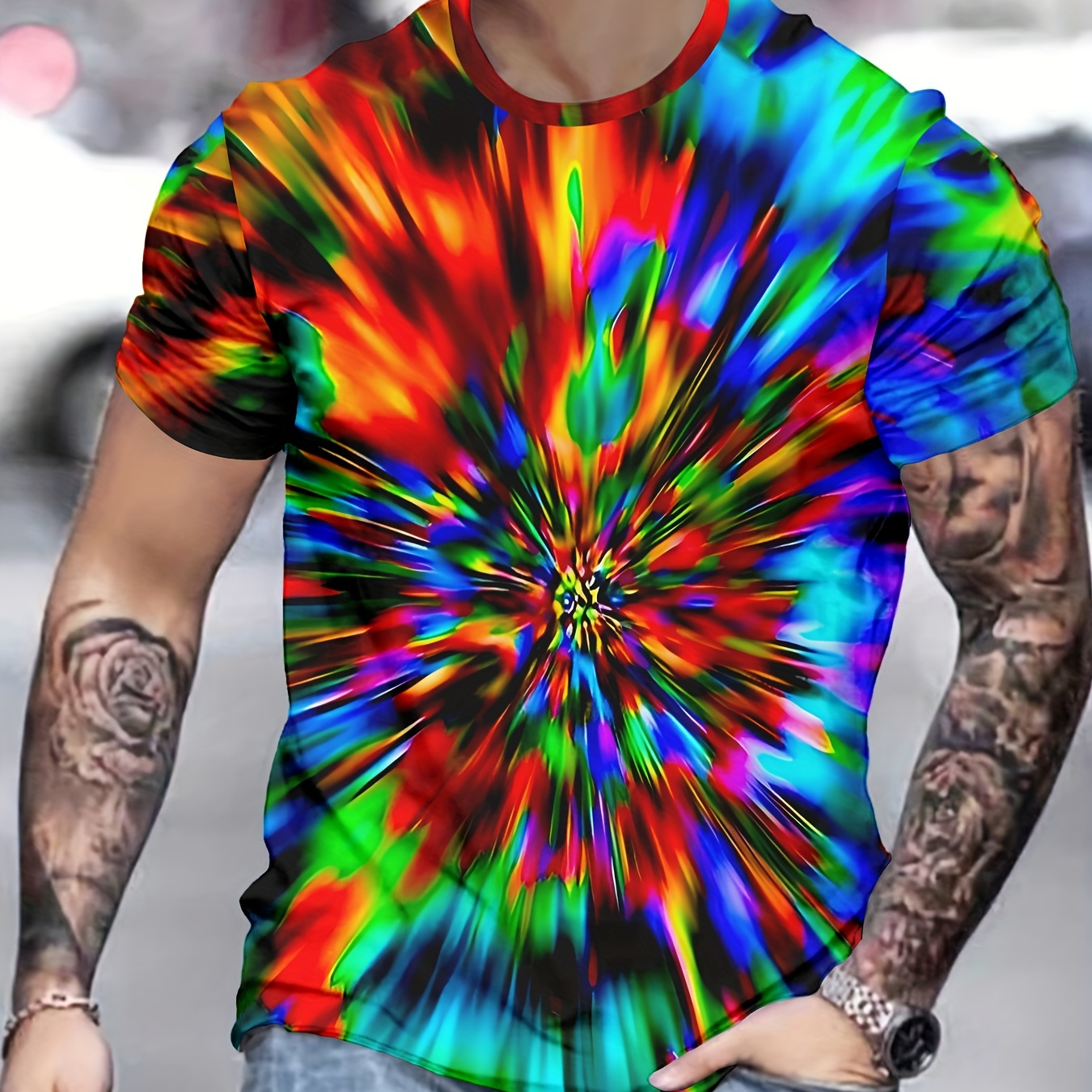 

Men's Colorful Geometric Graphic Print T-shirt, Short Sleeve Crew Neck Tee, Men's Clothing For Summer Outdoor