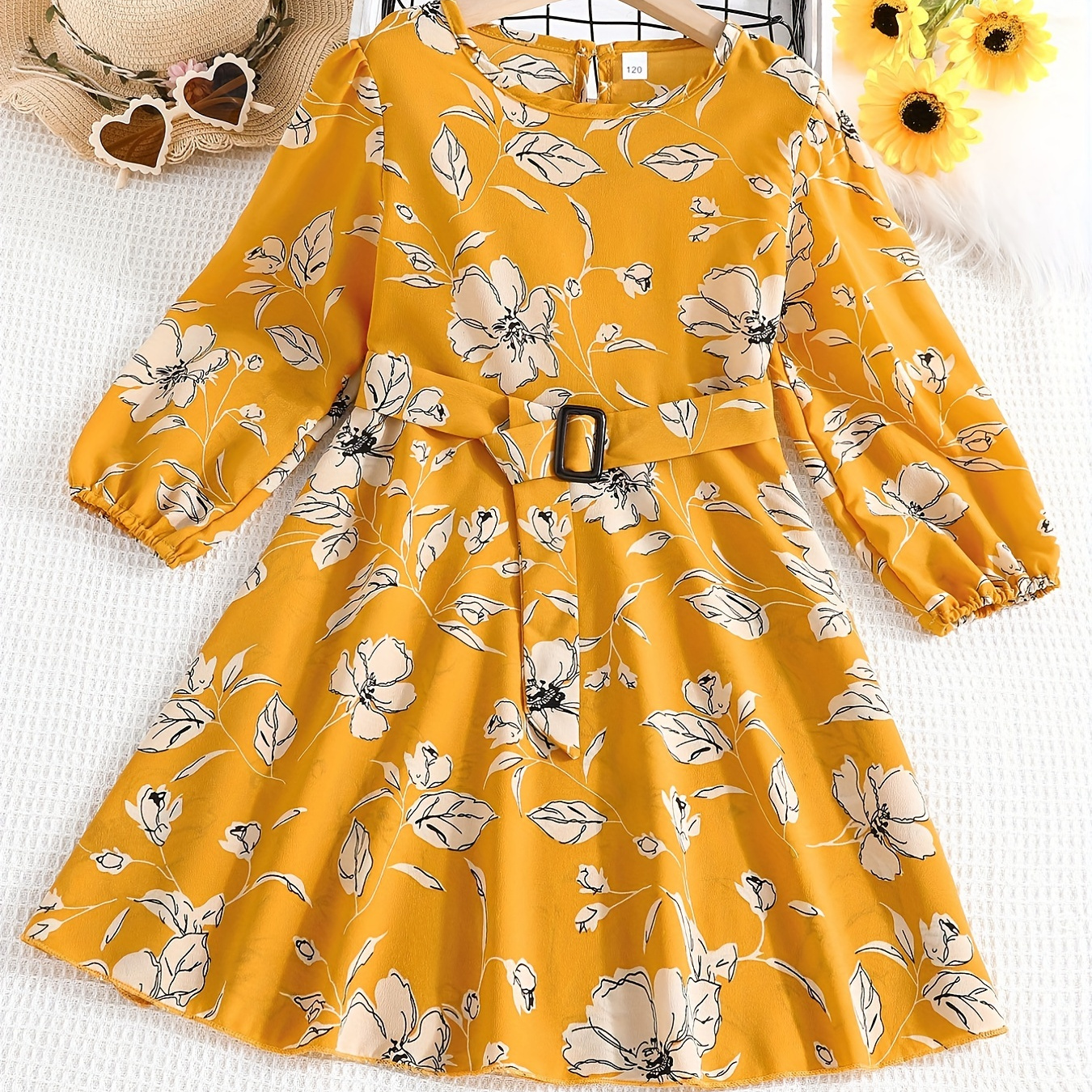 

Girl's Floral Print Flounce Long Sleeve Pleated Mock Neck Belted Dress