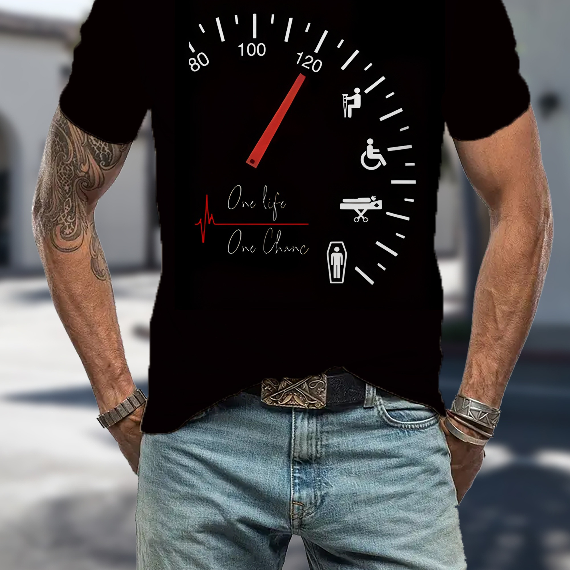 

Men's Novelty Car Dashboard Graphic Tee - Casual Black Polyester T-shirt With 3d Speedometer Print, Round Neck, Short Sleeves - Summer Wear, Retro T Shirt