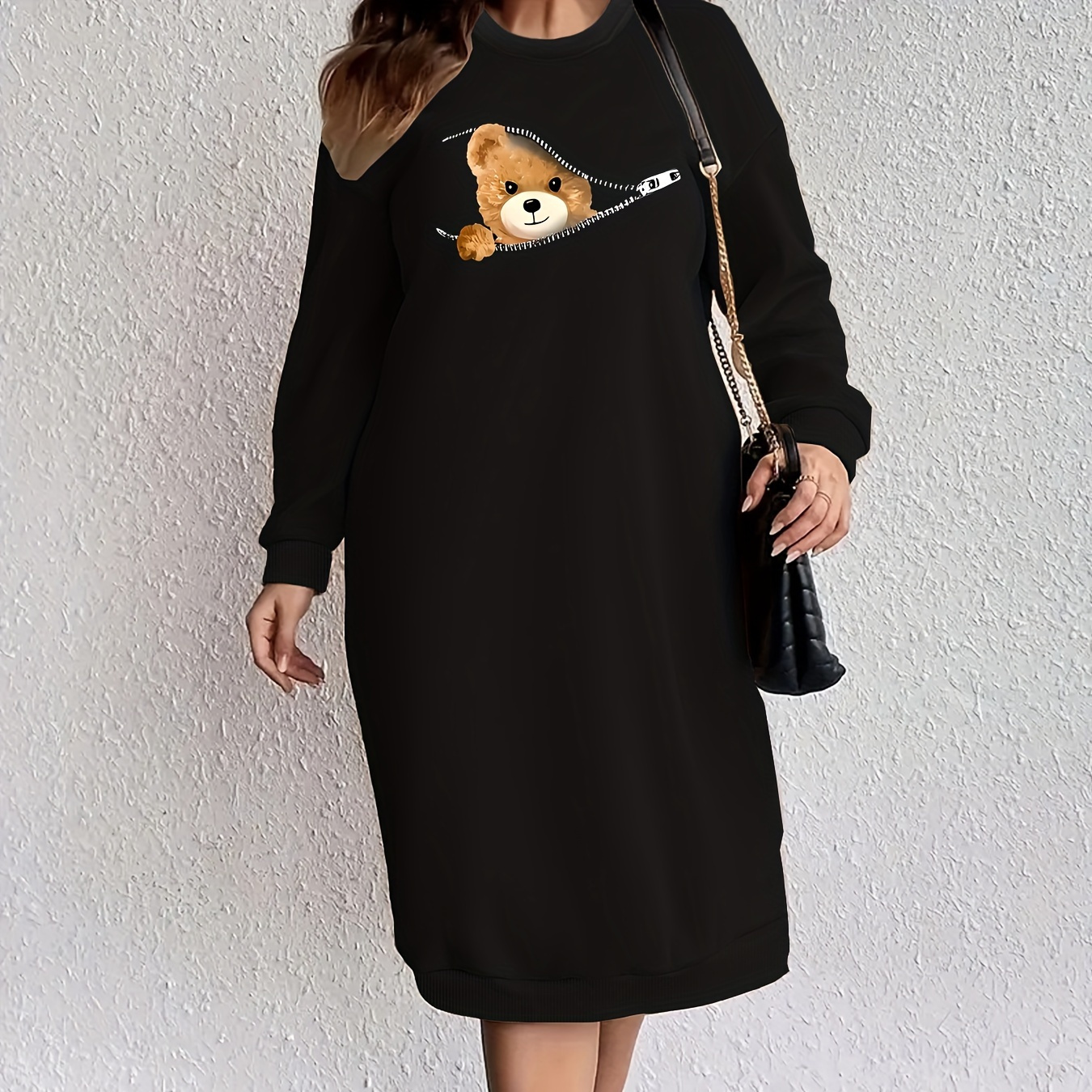 

Plus Size Bear Print Dress, Casual Long Sleeve Crew Neck Dress For Winter & Fall, Women's Plus Size Clothing