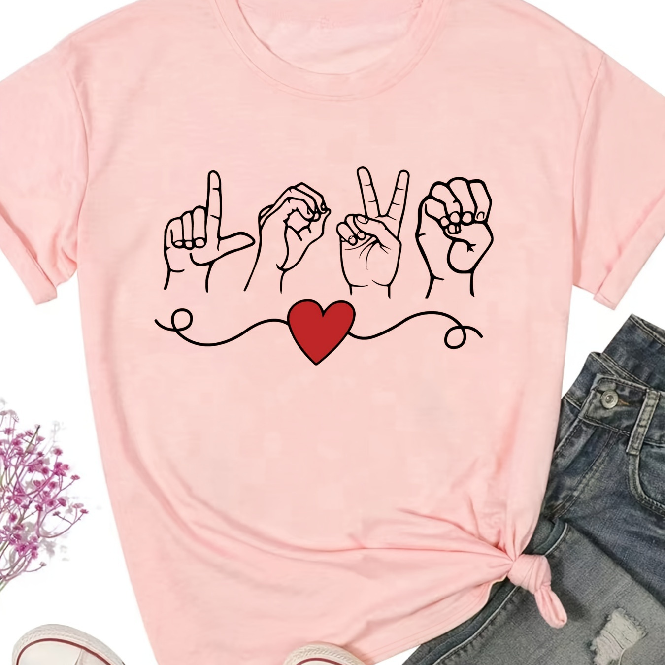 

Heart & Gesture Print Crew Neck T-shirt, Casual Short Sleeve T-shirt For Spring & Summer, Women's Clothing, Valentine's Day