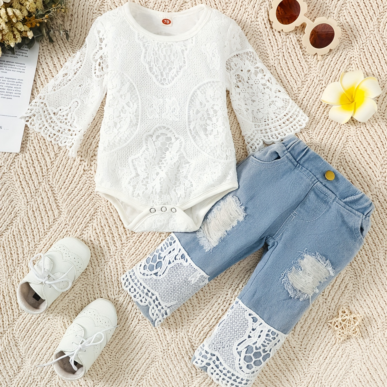 

Baby Girls Boho Style Lace Long Sleeve Round Neck Romper & Stylish Ripped Jeans Set, Coquette Style