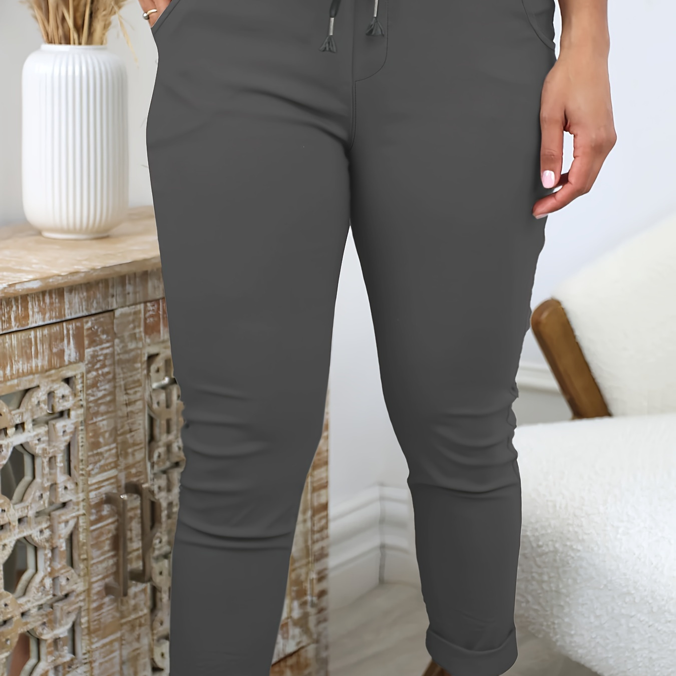 

Women's Casual Jogger Pants With Drawstring Waist - Stretchy Polyester, Solid Color, Machine Washable,