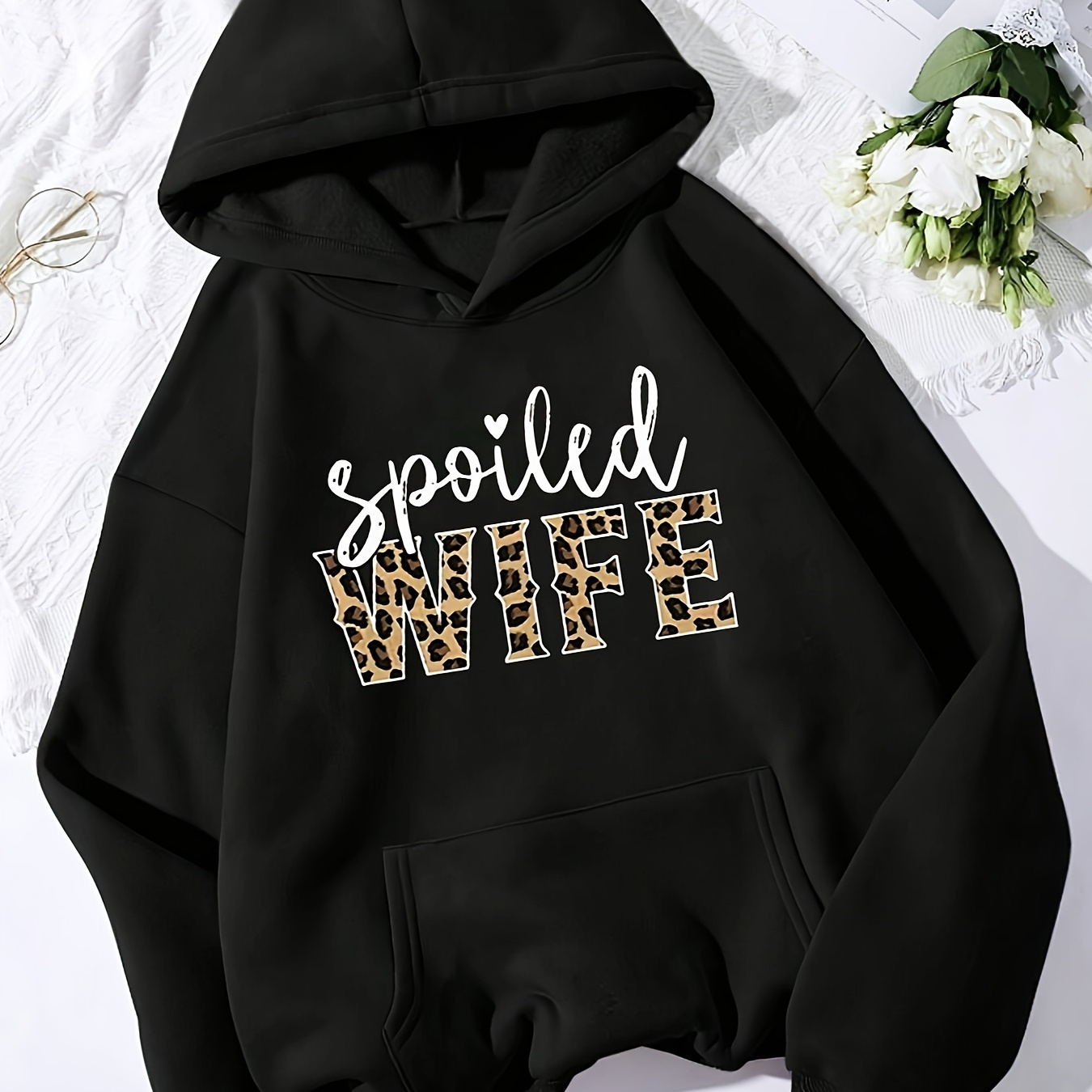 

Casual Hooded Sweatshirt For Women - 100% Polyester Knit Fabric, Fall/winter Season, Leopard Print Lettering "spoiled Wife" Pattern, Long Sleeve Pullover With Pouch Pocket