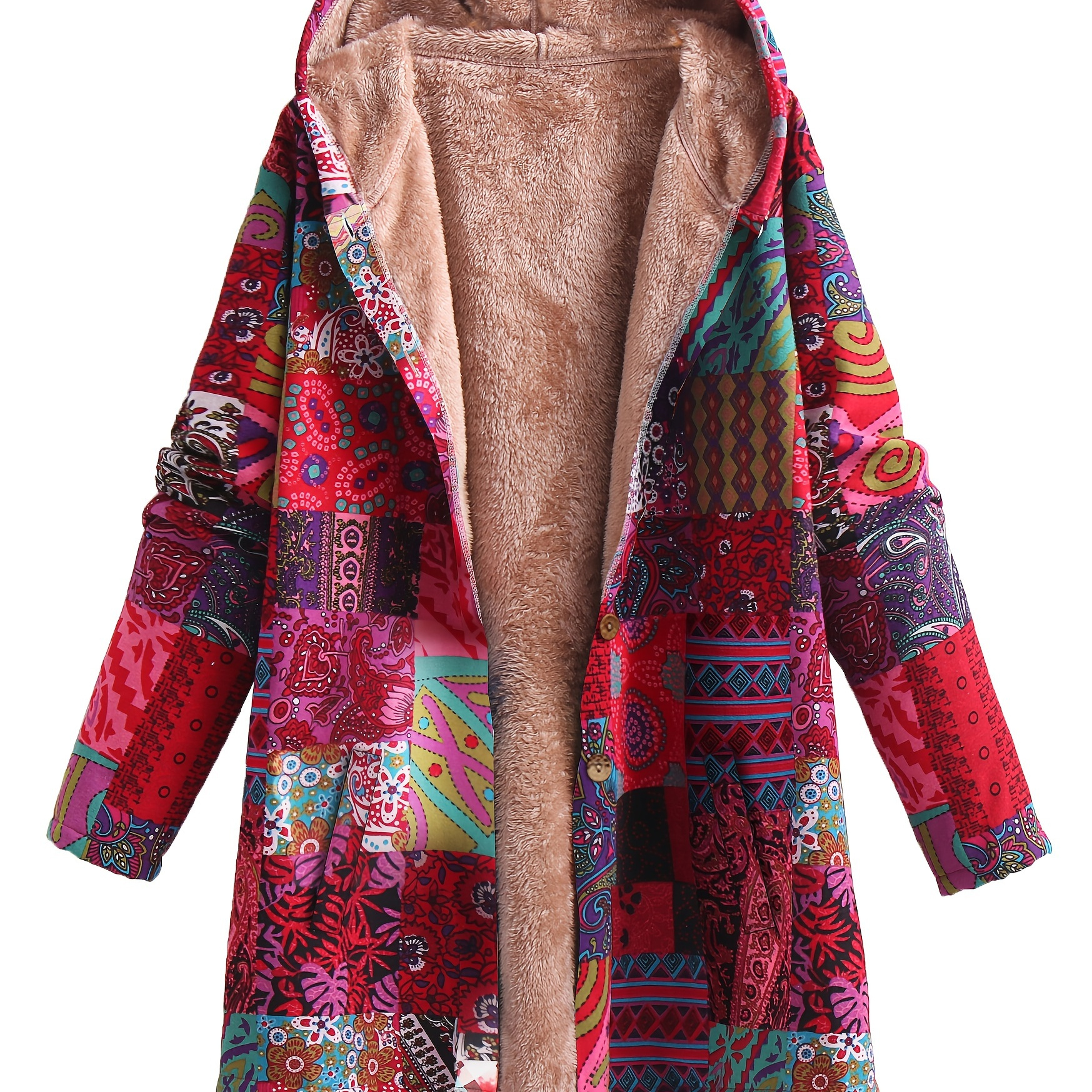 

Plus Size Boho Coat, Women's Plus Patchwork Print Liner Fleece Long Sleeve Button Up Hooded Tunic Coat With Pockets