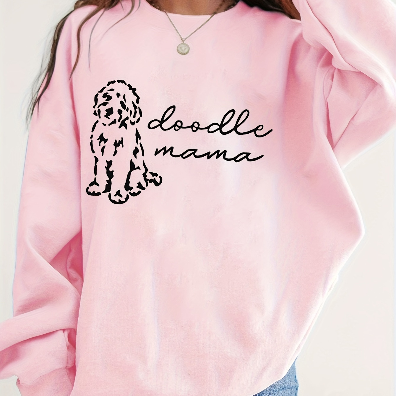 

Women' Casual Round Neck Sweatshirt, Cartoon Doodle Mama Print, Polyester Knit, Spring/, Pink