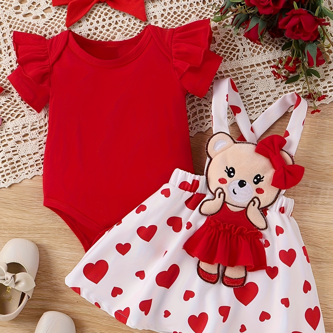 

2pcs Infant's Cute Bear Embroidered Valentine's Day Style Outfit, Solid Color Romper & Heart Pattern Overall Skirt, Baby Girl's Clothes
