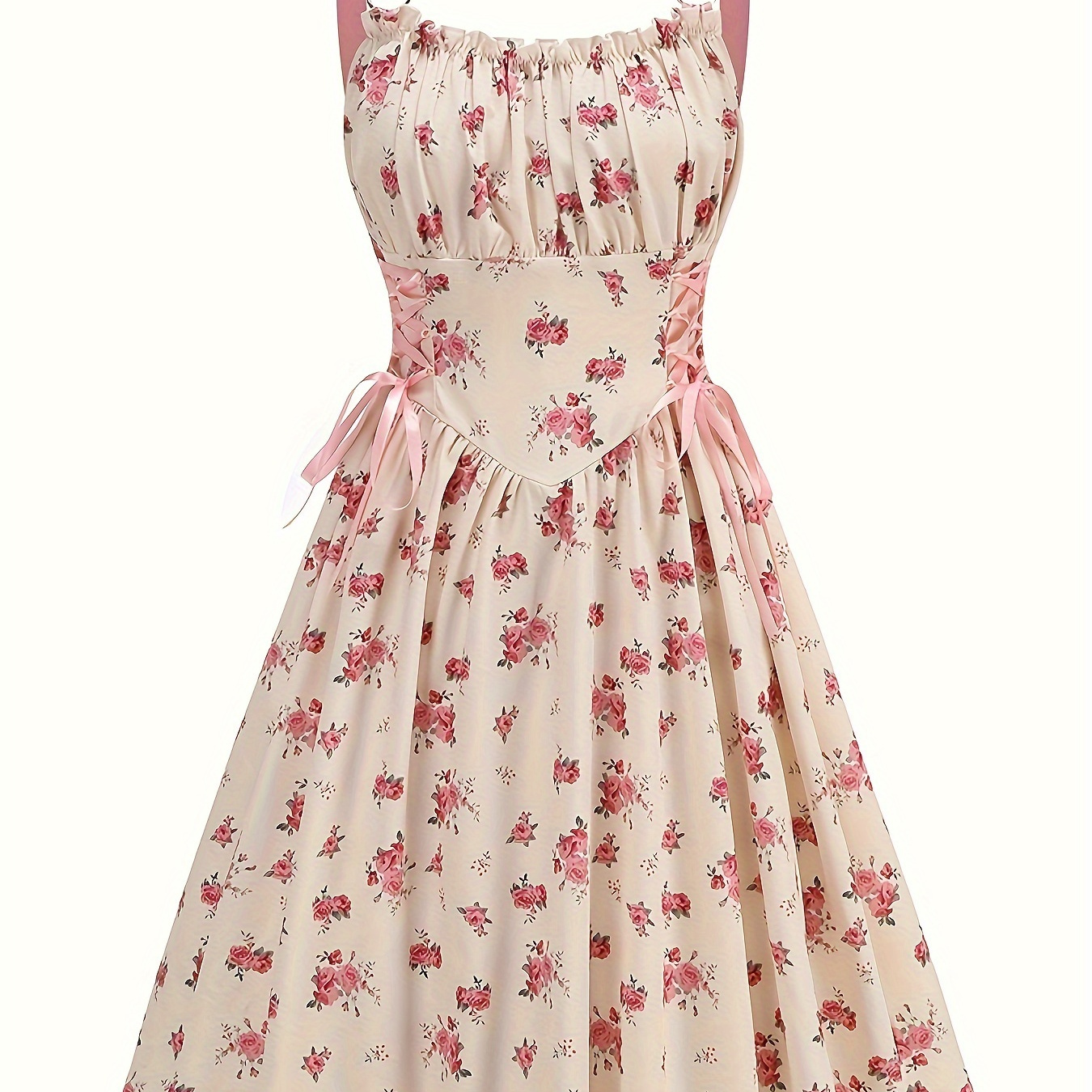 

Elegant Vintage Floral A-line Dress With Detail - Sleeveless, Ruched Waist, Zipper Closure, Parties & Beach Events - Polyester/spandex , Beach Dress