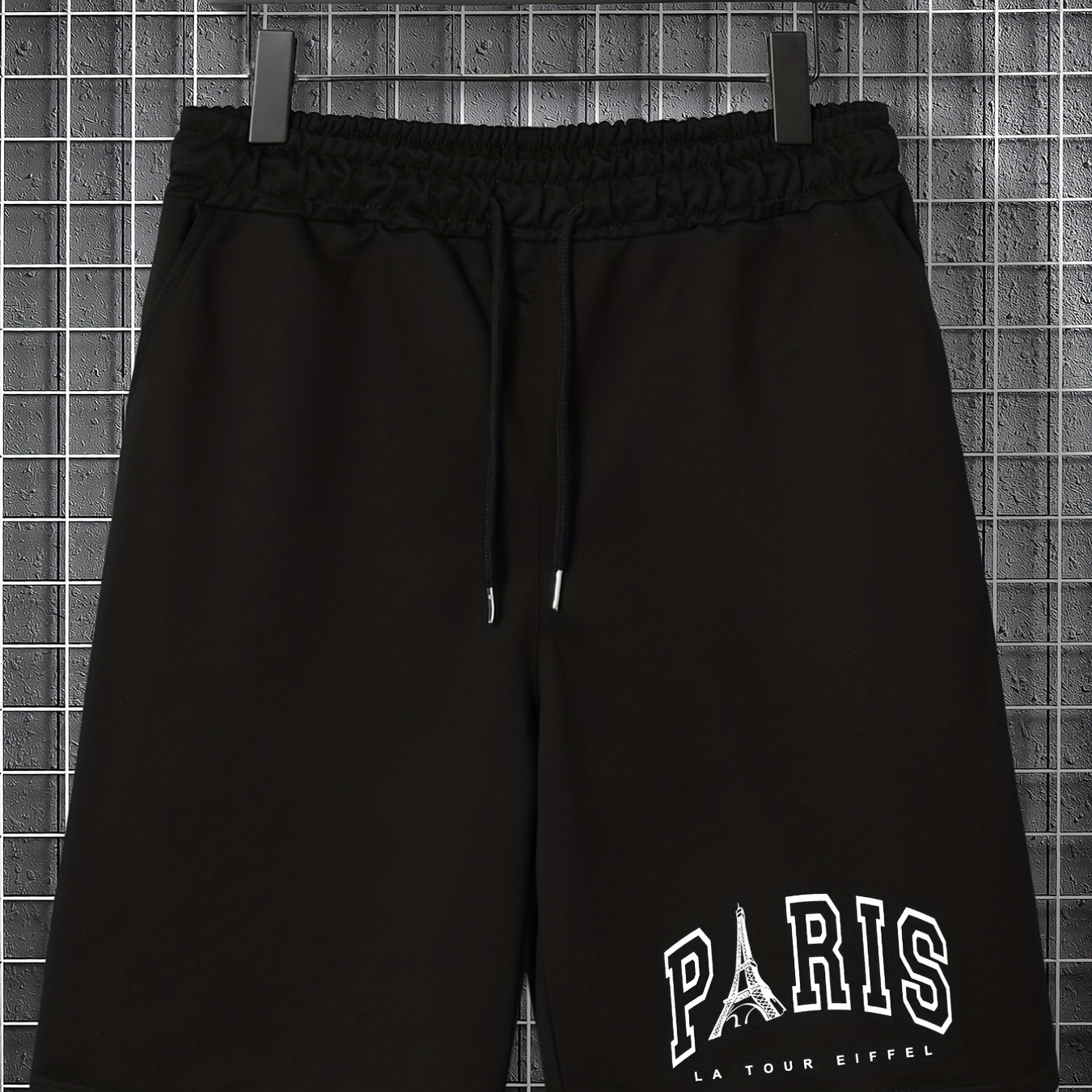 

Plus Size Casual Shorts, Men's Plus Paris Print Drawstring Loose Shorts