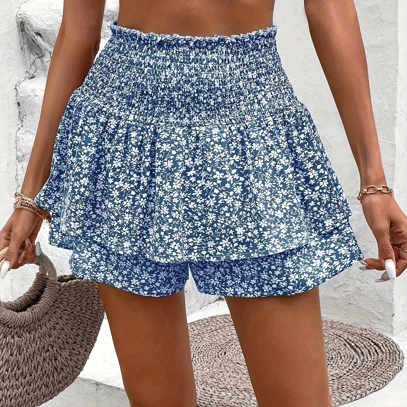 

Floral Print Shirred Waist Skorts, Elegant Layered Hem Shorts For Spring & Summer, Women's Clothing