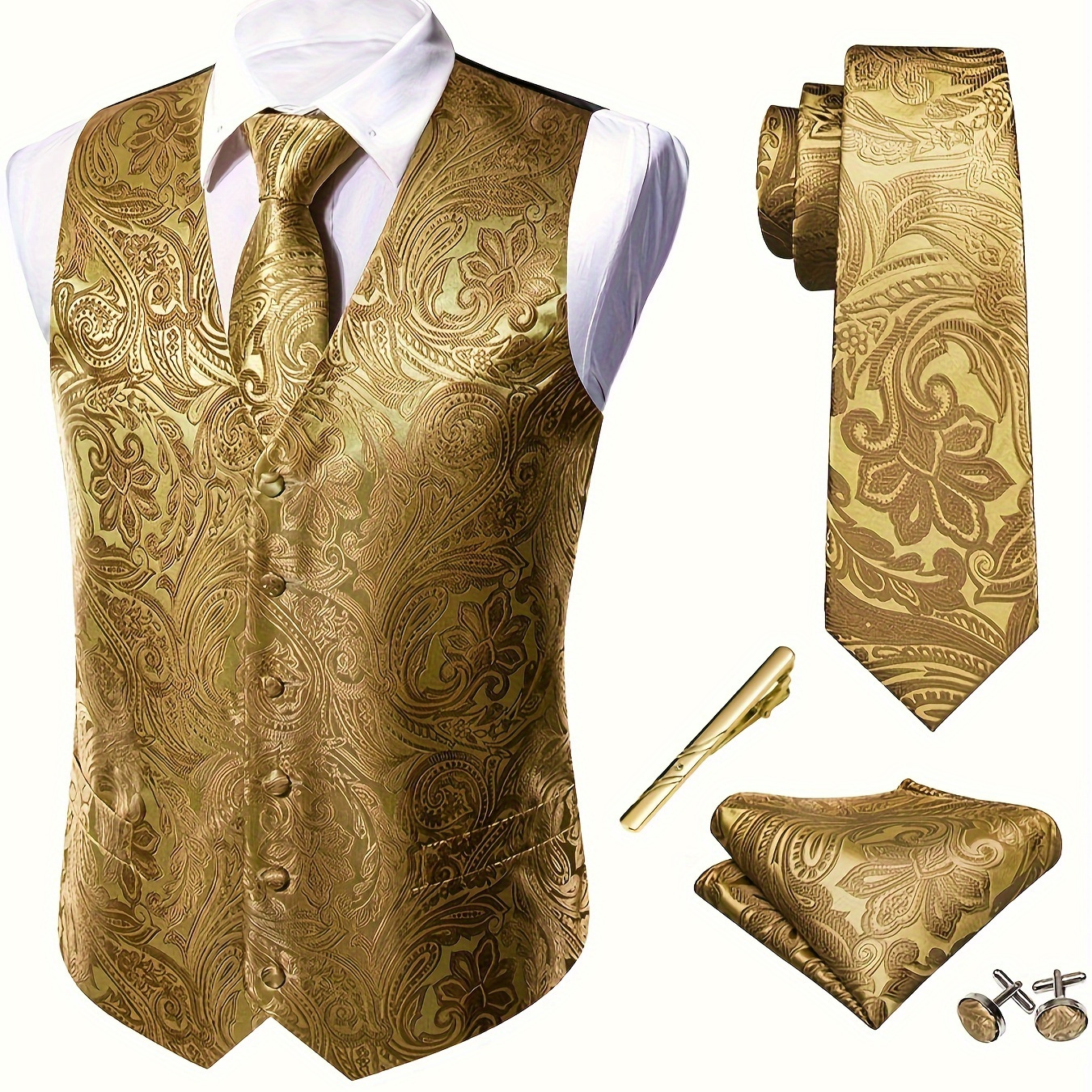 

Plus Size Men's Royal Golden Floral Pattern Jacquard V Neck Vest Suit, Waistcoat Necktie Square Hanky Cufflinks Tie 5pcs Set, For Wedding Suit Set