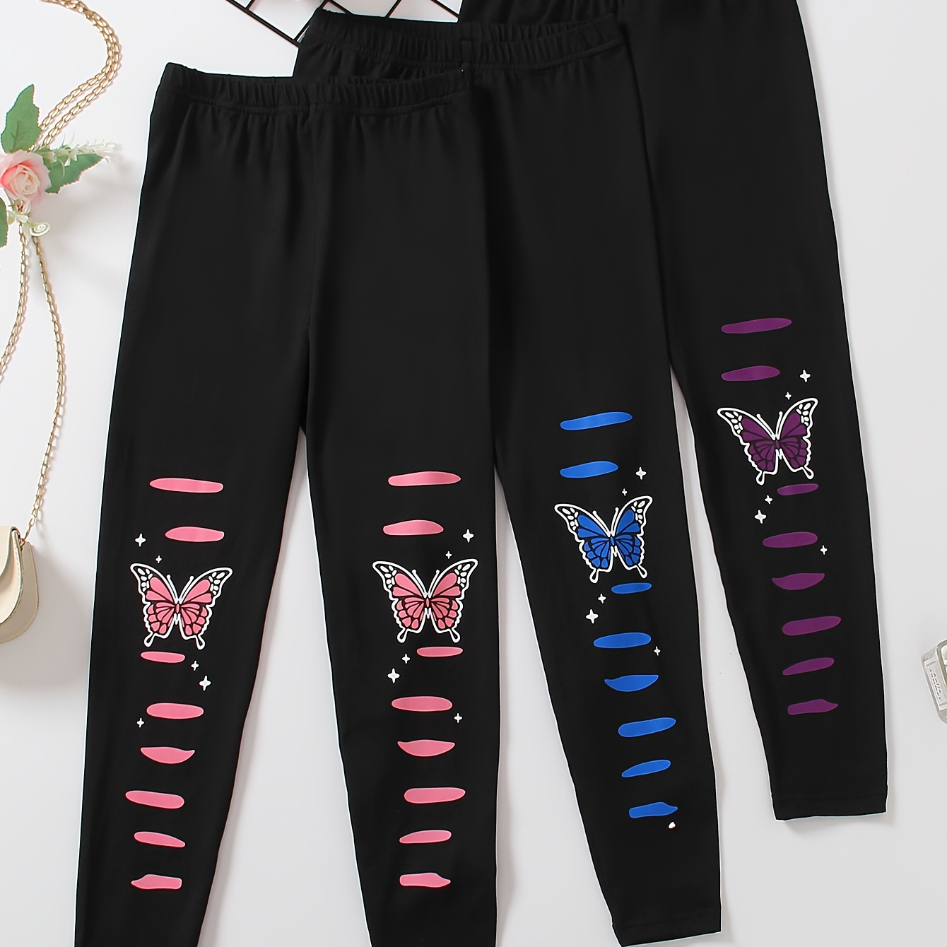 

3pcs Girls Vibrant Butterfly Print Slim Leggings Pants For All Seasons