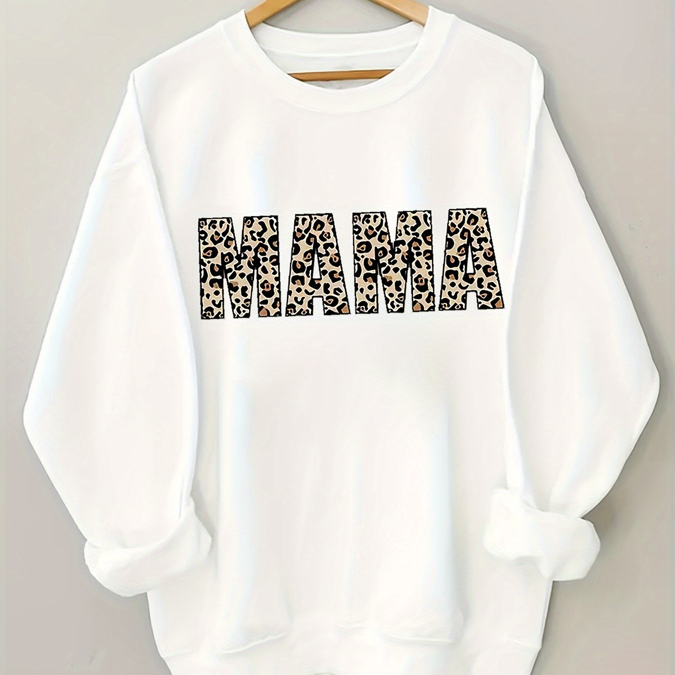 

1pc Women's Casual Crew Neck Sweatshirt With Leopard Print Mama Lettering, Polyester Knit Fabric, Fall/