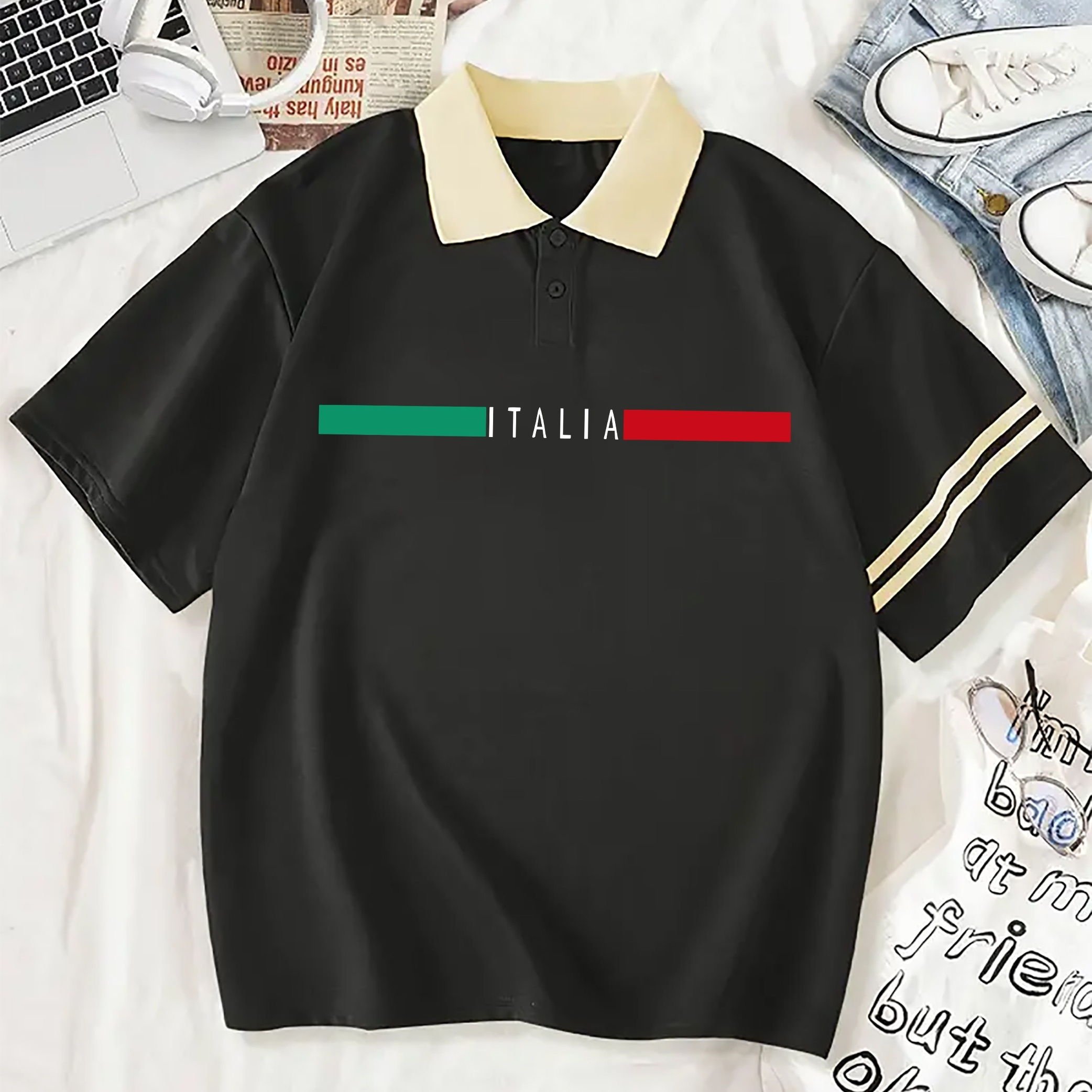 

Italia Print Loose Polo T-shirt, Casual Short Sleeve Collared Sporty Top For Summer & Spring, Women's Clothing