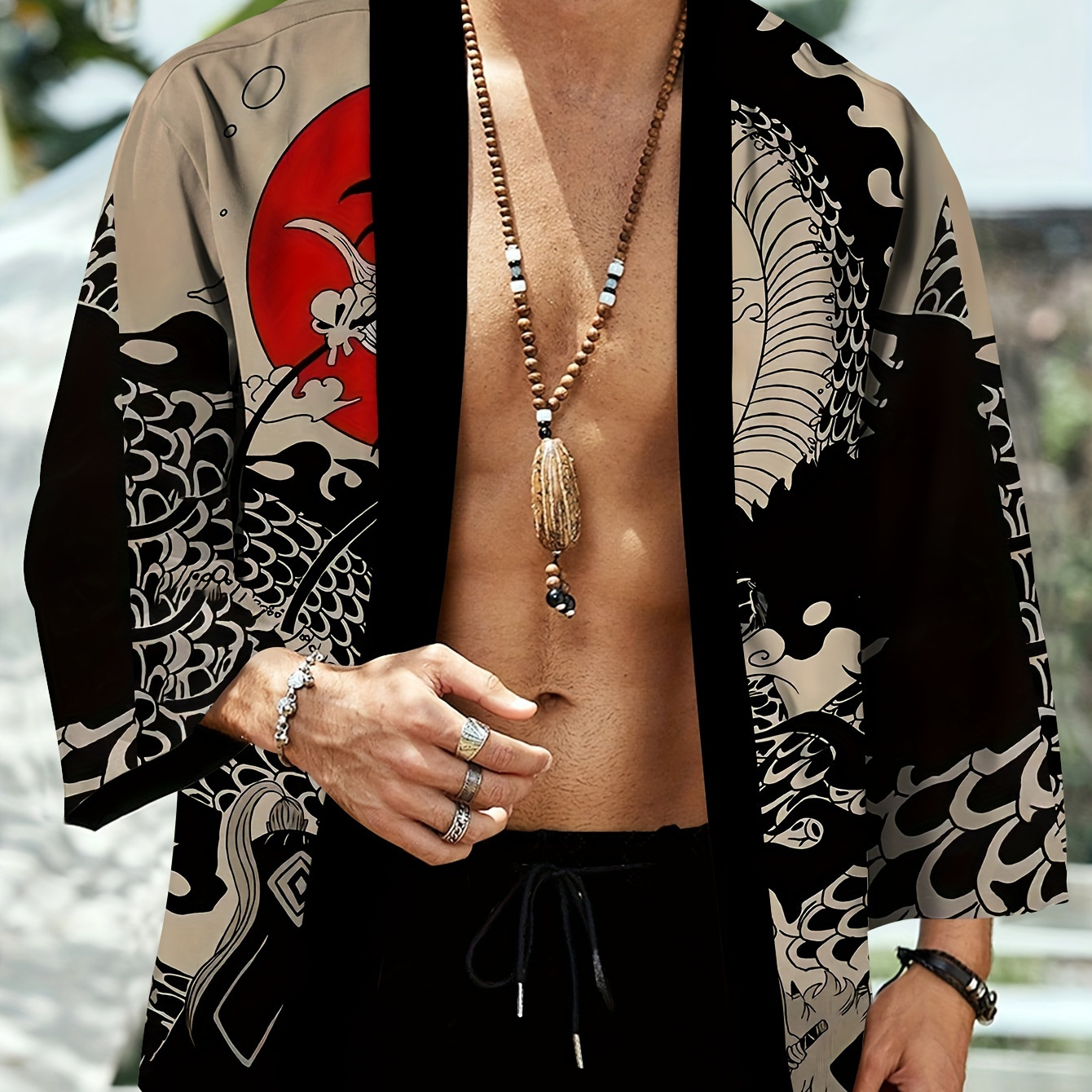 

Novelty 3d Dragon Pattern Print Japanese Style Kimono, Open Front Cardigan For Spring & Summer, Men's Clothing