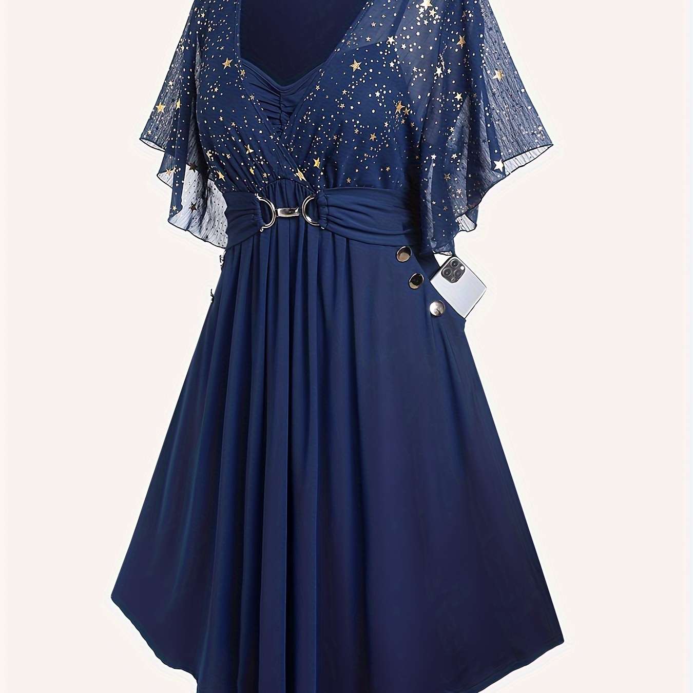 

Plus Size Star Pattern Mesh Stitching Dress, Elegant Gathered Irregular Sleeve Dress For Spring & Summer, Women's Plus Size Clothing