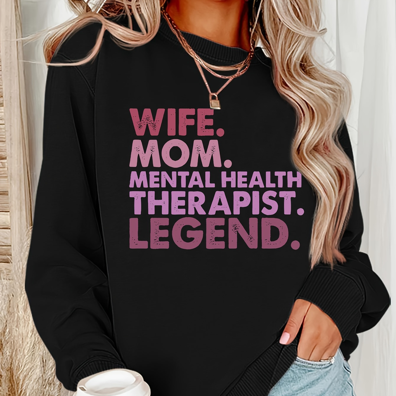 

Wife Mom Mental Health Therapist Legend Graphic Long Sleeve Crew Neck Sweatshirt - Casual Polyester Knit Applique Alphabet Pattern Fall/winter Women's Pullover