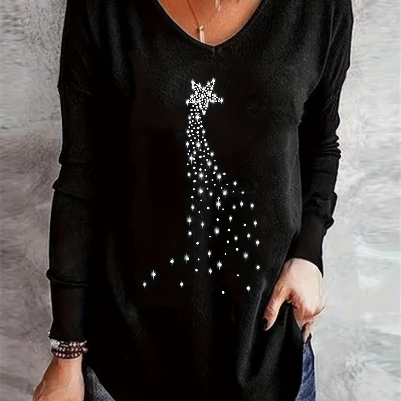 

Star Print V Neck T-shirt, Casual Long Sleeve Top For Spring & Fall, Women's Clothing