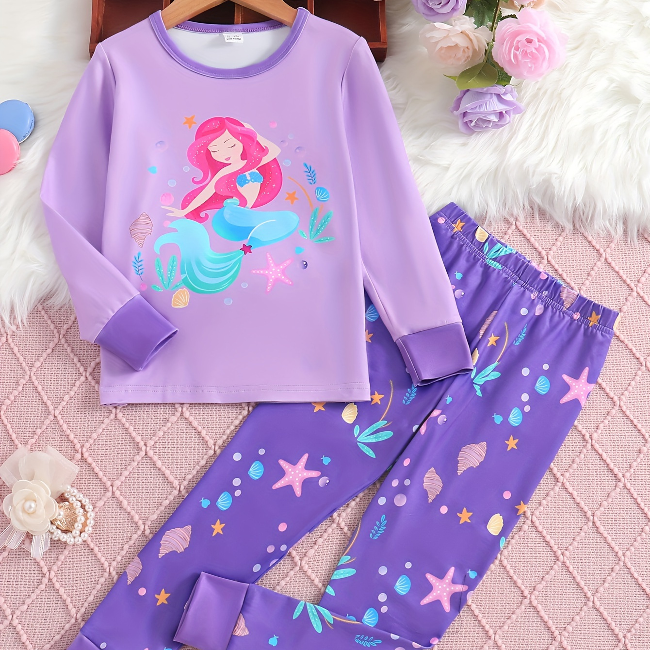 

Toddlers Girls Cute Pajama Sets Round Neck Long Sleeve Top Cute Cartoon Character Pattern Full Dot & Butterfly Print Trousers Casual Pj Sets For Spring & Autumn