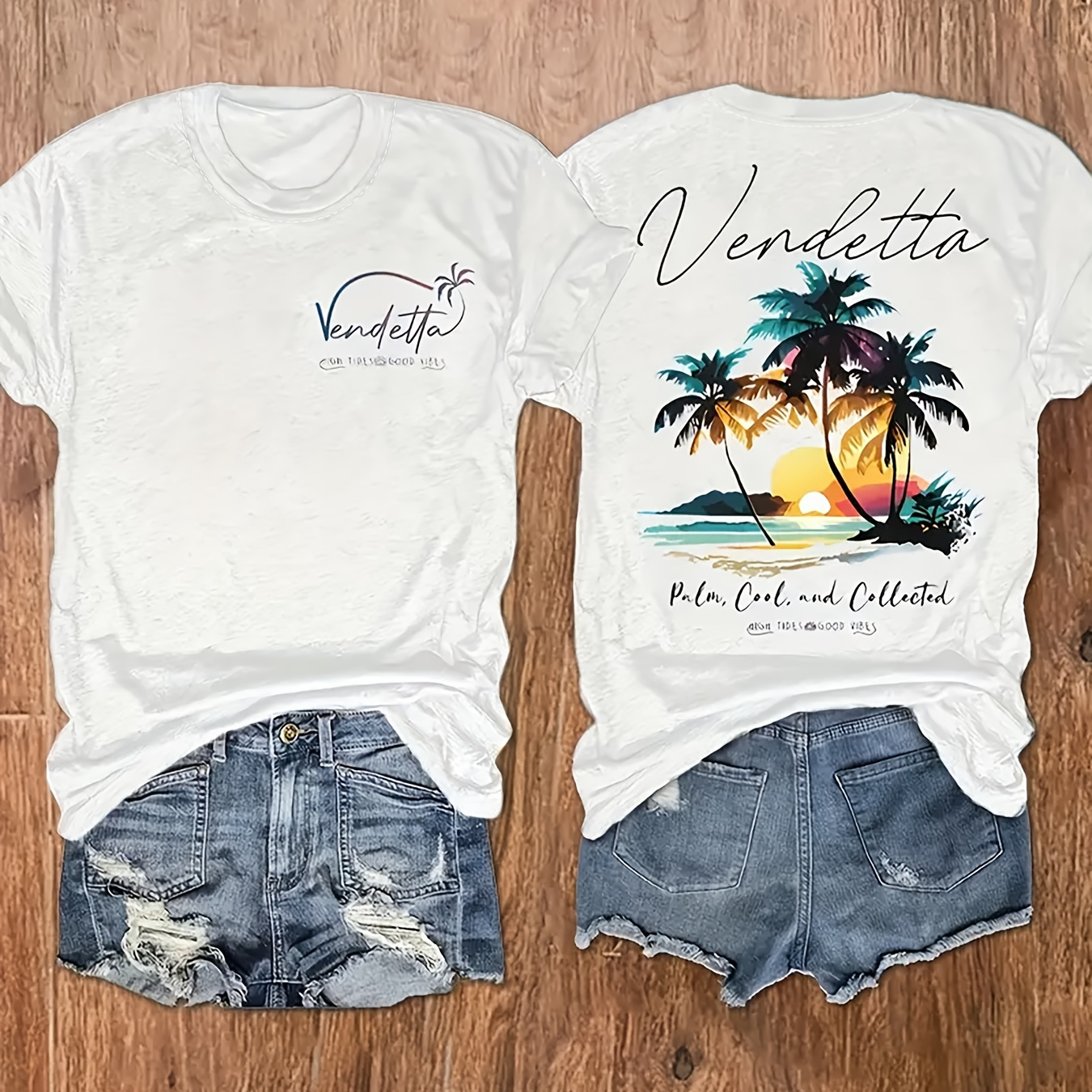 

Coconut Tree Print Crew Neck T-shirt, Short Sleeve Casual Top For Summer & Spring, Women's Clothing